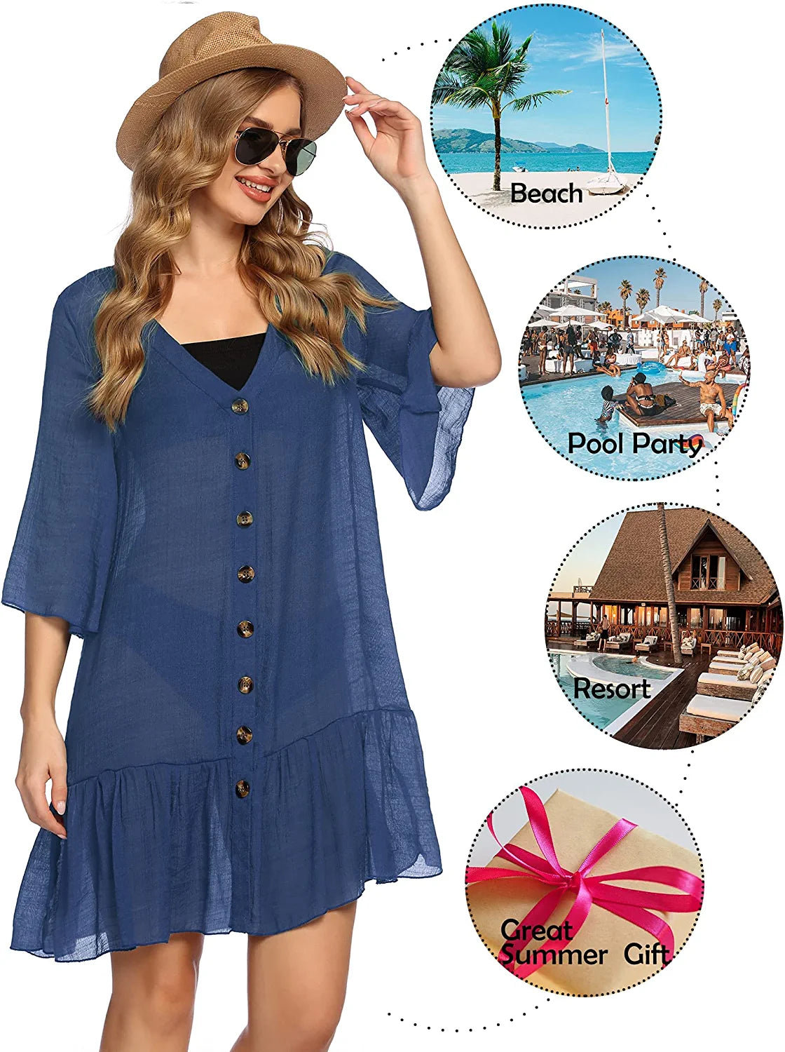 Avidlove Casual Swim Cover up V-Neck Summer Beachwear Coverups Flowy Short Sleeve Mini Beach Dress