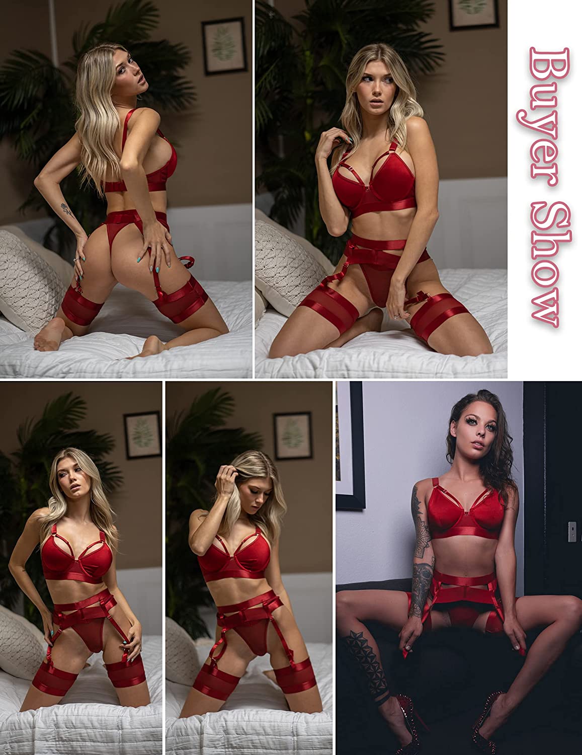 Avidlove Lingerie Set for with Underwire Strappy Lingerie Push Up 5 Piece Lingerie Set with Garter