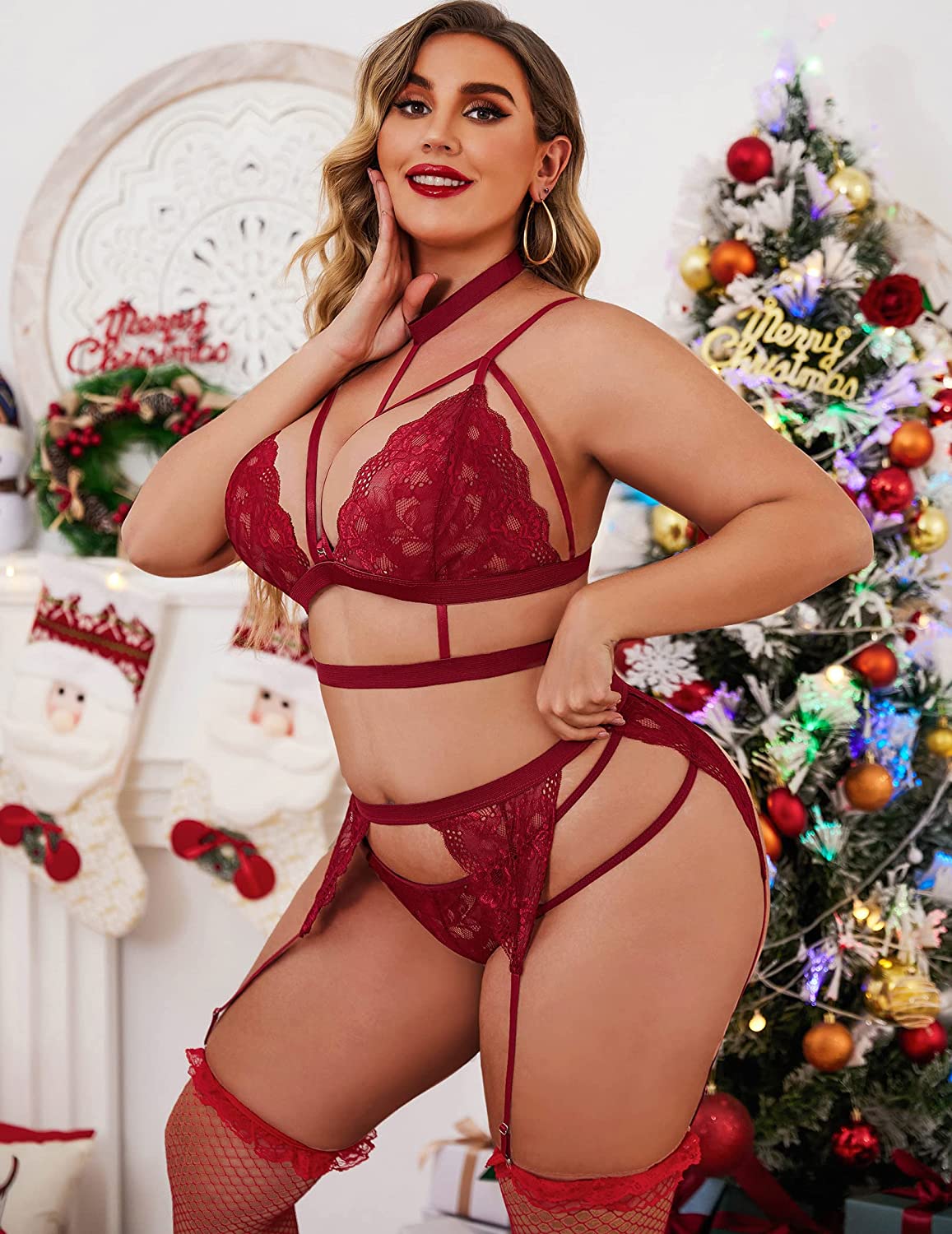 Avidlove Garter Lingerie Set with Choker Strappy Bra and Panty Set Teddy Babydoll Bodysuit (No Stockings)