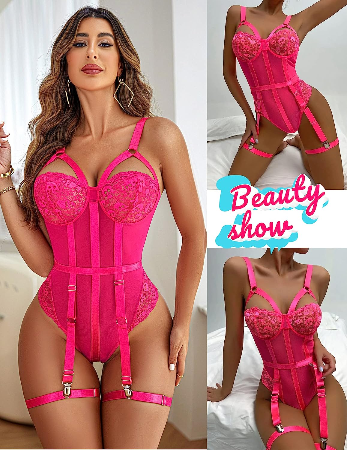Avidlove Teddy Lingerie for with Garter Belt One Piece Lingerie Naughty Strappy Lingerie Lace Exotic Bodysuit