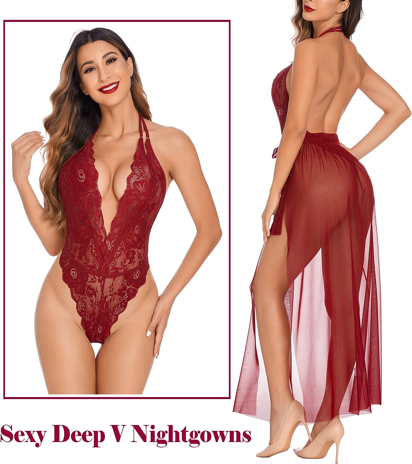 Avidlove Lingerie Nightgowns Deep V Lace Bodysuit Mosaic Lace Teddy Mesh Skirt