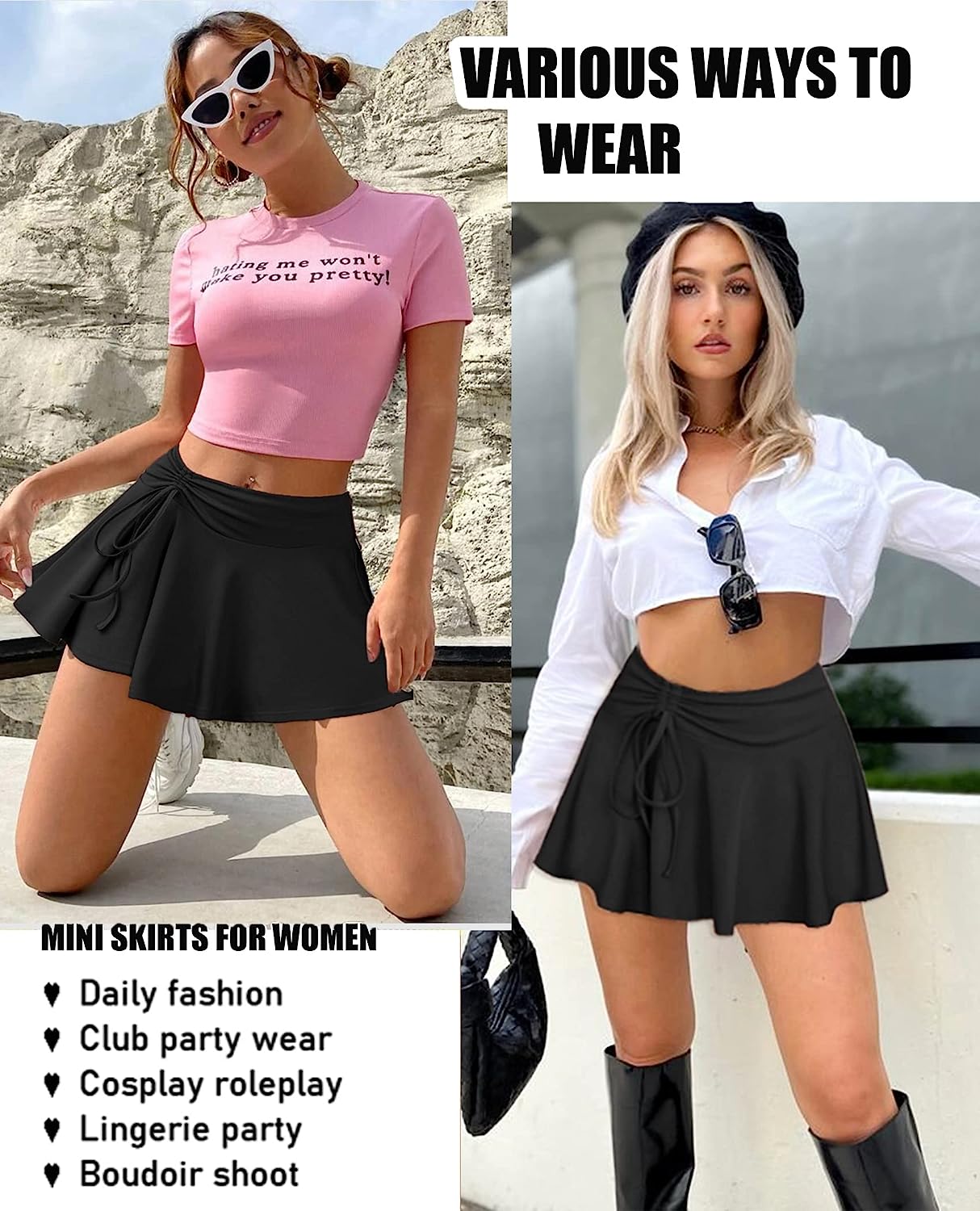 Avidlove Mini Skirt for Pleated Drawstring High Waist Skater Skirt Lingerie Skirts S-XXL