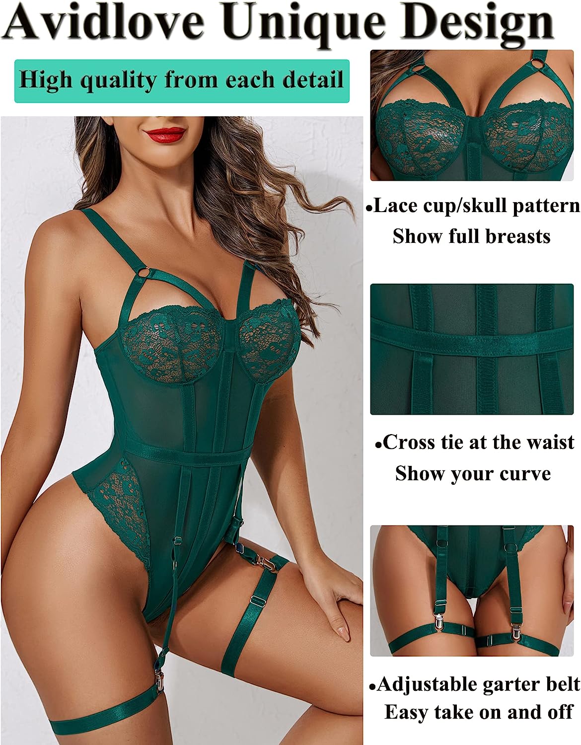 Avidlove Teddy Lingerie for with Garter Belt One Piece Lingerie Naughty Strappy Lingerie Lace Exotic Bodysuit
