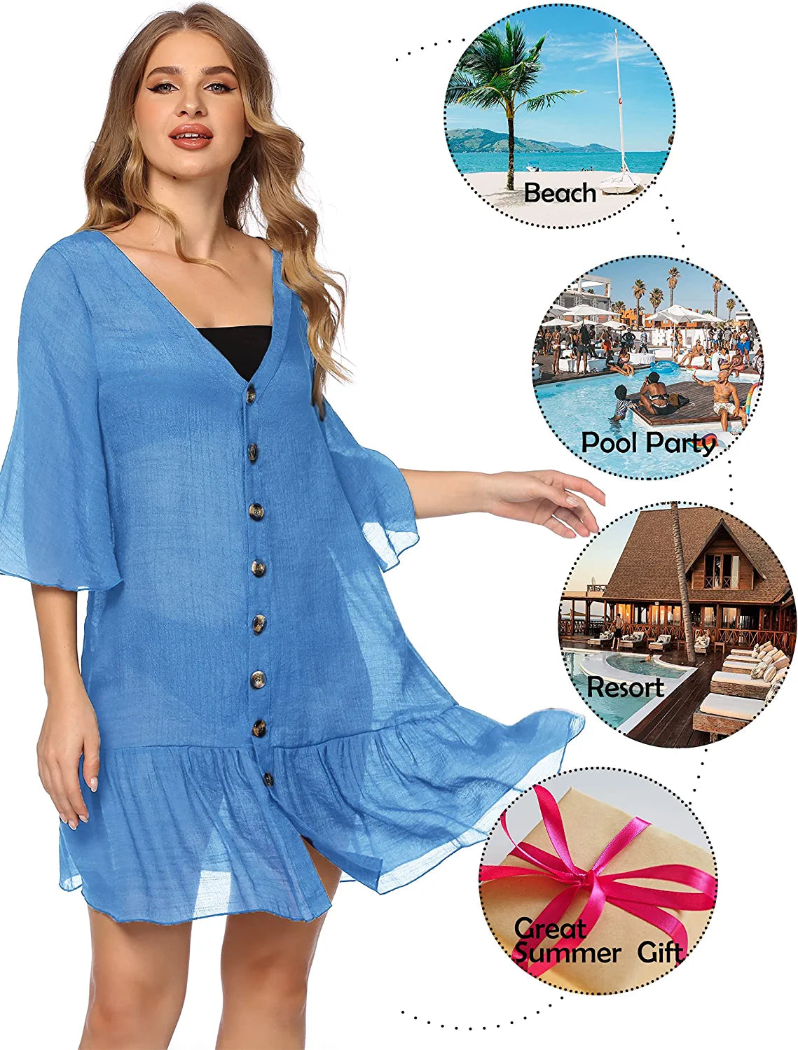 Avidlove Casual Swim Cover up V-Neck Summer Beachwear Coverups Flowy Short Sleeve Mini Beach Dress