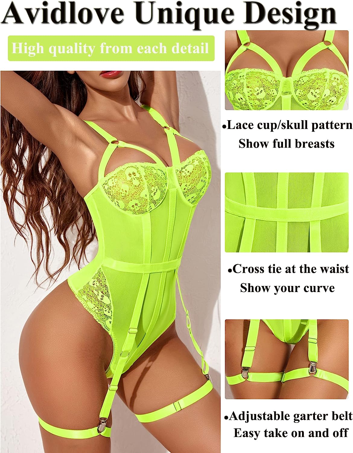 Avidlove Teddy Lingerie for with Garter Belt One Piece Lingerie Naughty Strappy Lingerie Lace Exotic Bodysuit