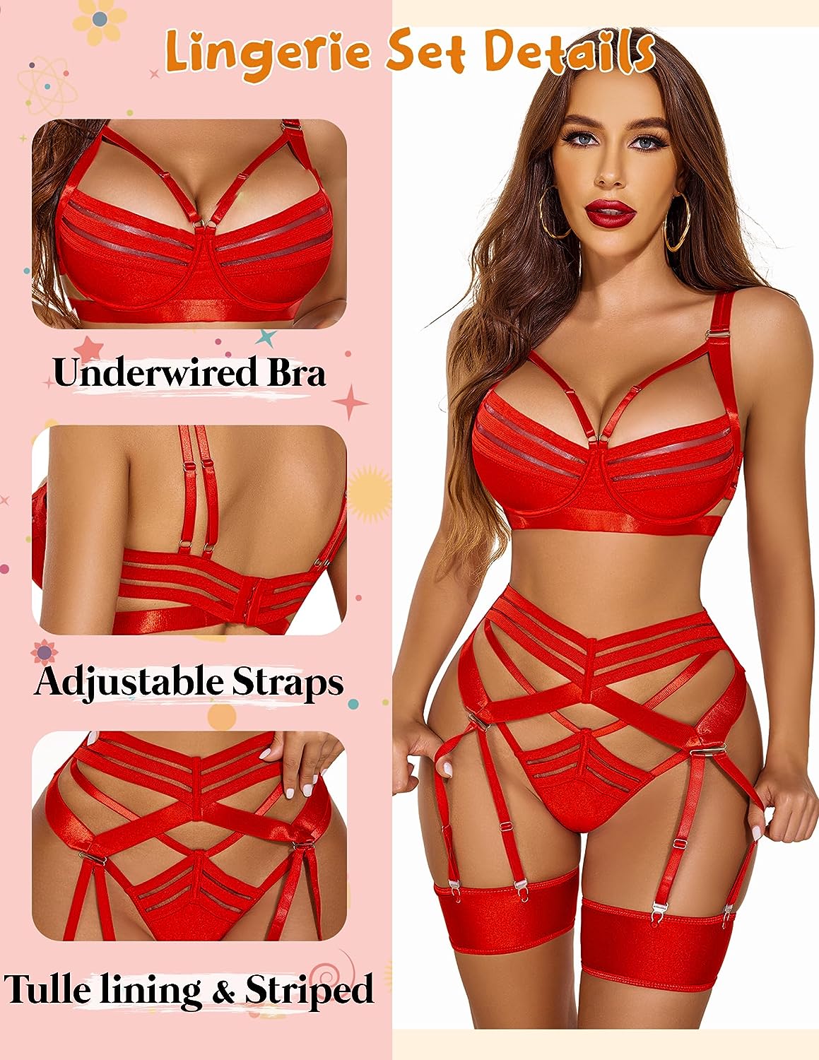 Avidlove Lingerie Set Strappy Lingerie with Underwired Push Up Bra Support Garter Lingerie