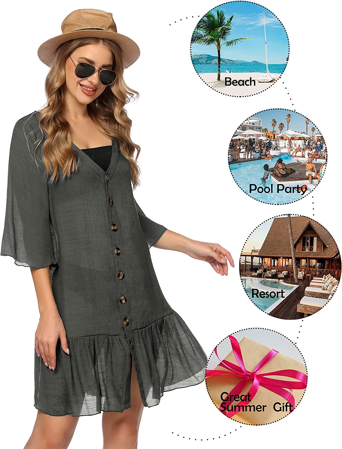 Avidlove Casual Swim Cover up V-Neck Summer Beachwear Coverups Flowy Short Sleeve Mini Beach Dress