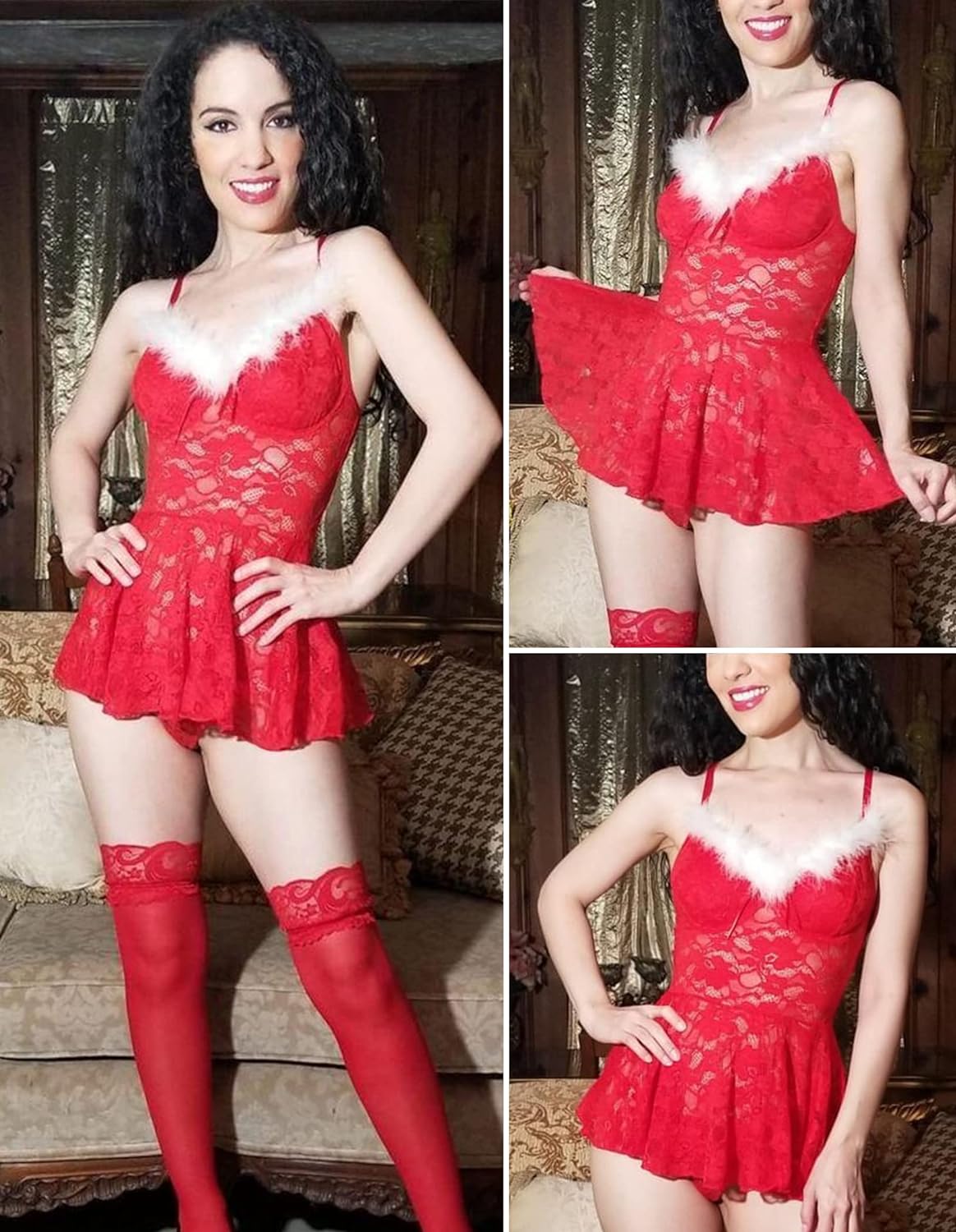 Avidlove Christmas Lingerie for Santa Babydoll V Neck Holiday Lingerie Xmas Lace Chemise Dress