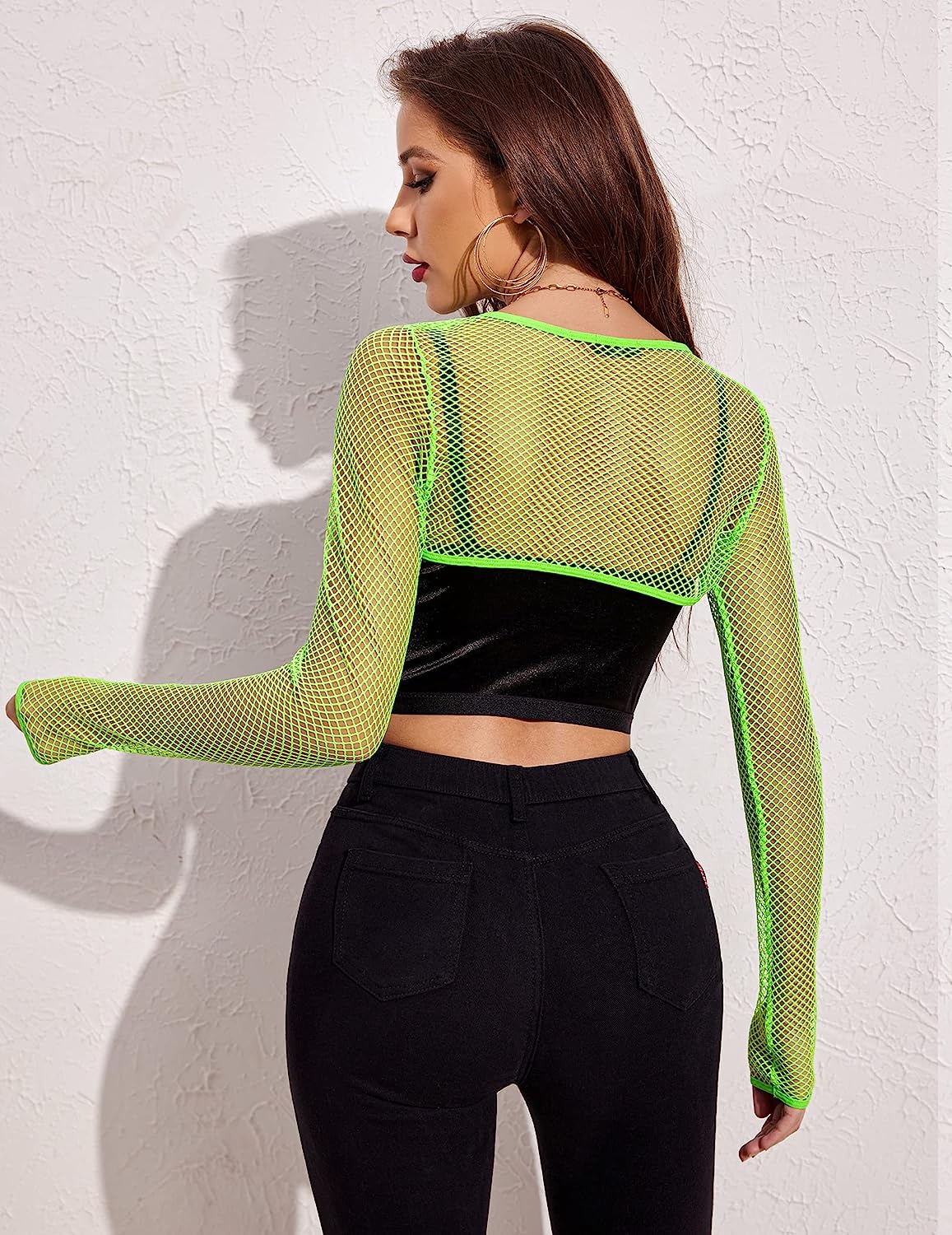 Avidlove Fishnet Long Sleeve Crop Top See Through Shirt Sheer Blouse Outfits