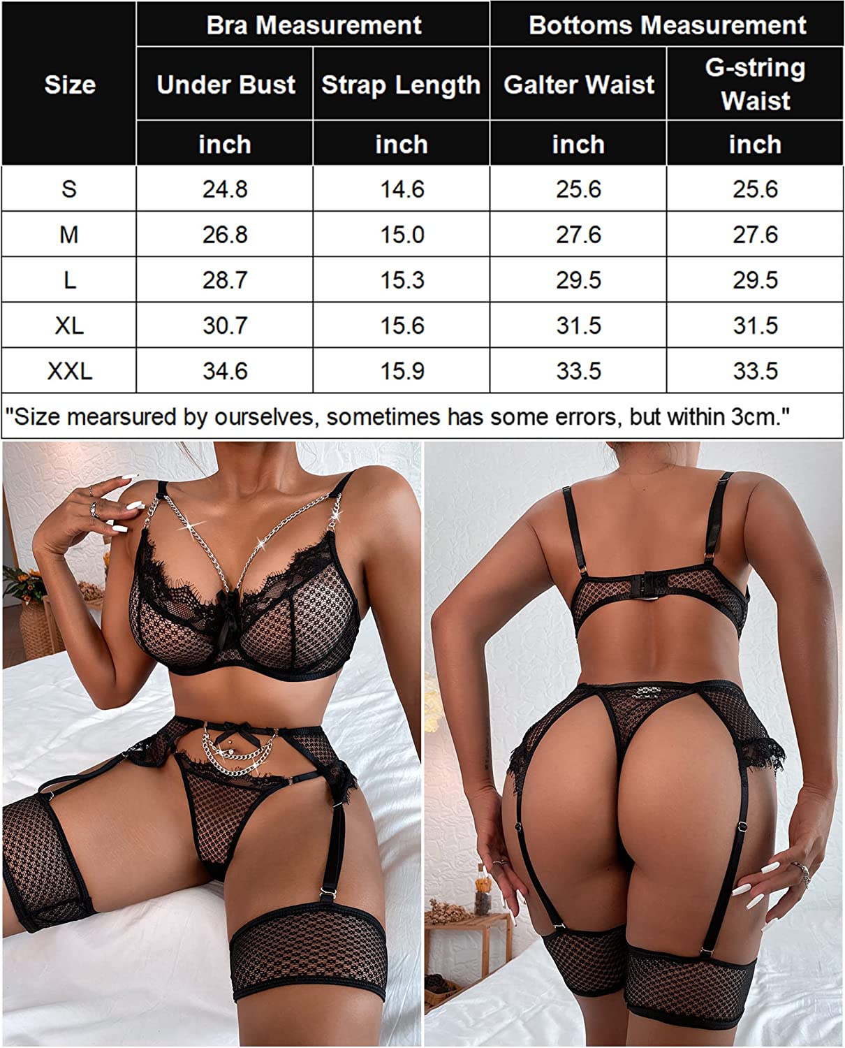 Avidlove Garter Set Lingerie for Fishnet Underwire Lace 4 Piece Sets Chain Bra S-XXL