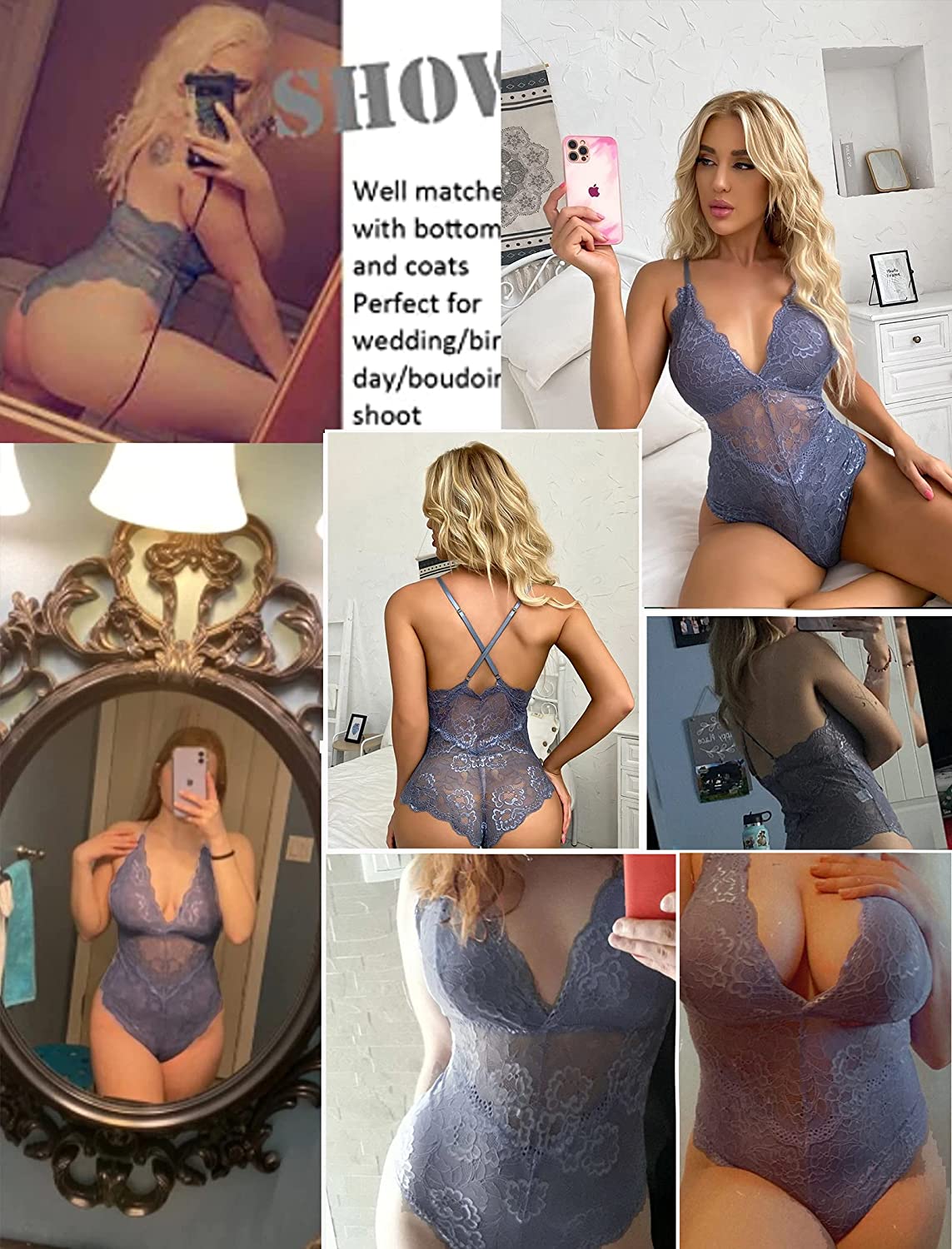 Avidlove Snap Crotch Lingerie Lace Bodysuit Deep V Teddy One Piece Lace Babydoll