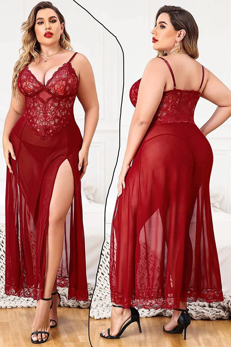 Avidlove Plus Size Lingerie For Babydoll Mesh Maxi Nightdress Strappy Exotic Sleepwear Side Slits