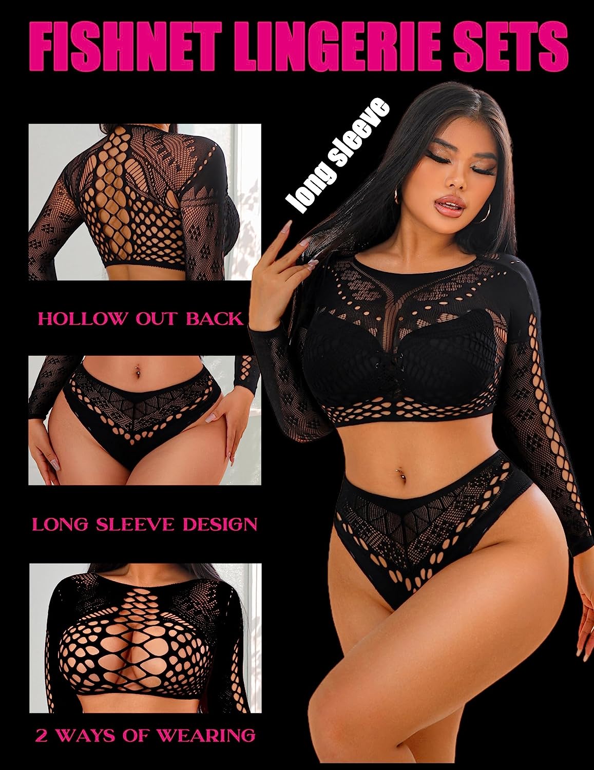 Avidlove Fishnet Lingerie Long Sleeve Two Piece Lingerie Set Stripper Outfit