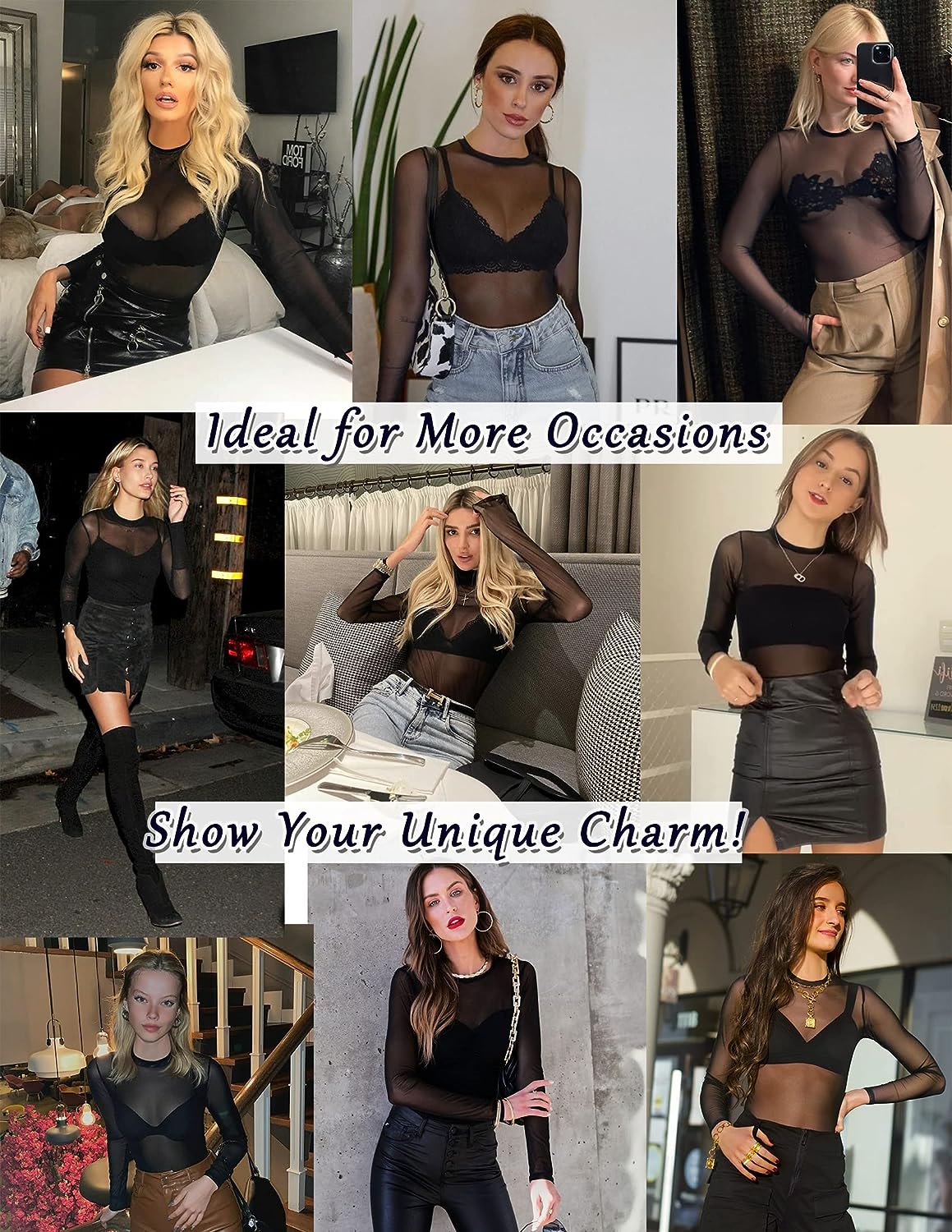 Avidlove Mesh Bodysuit Black Long Sleeve Bodysuit Round Neck Sheer Leotards Bodysuit Tops Snap Crotch