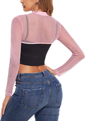 Avidlove Mesh Crop Tops for Mock Neck Long Sleeve Crop Top See Through Shirt Top Clubwear