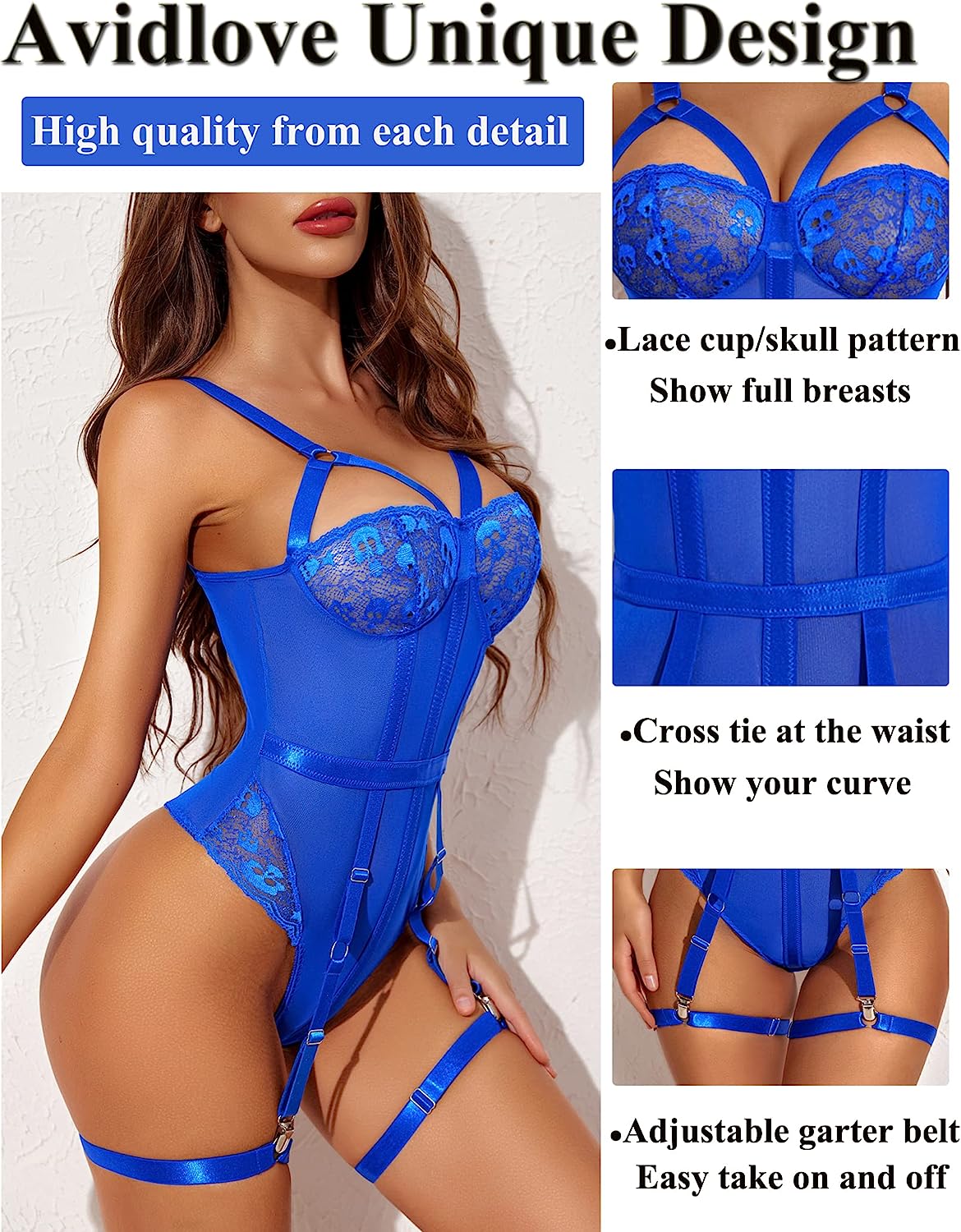 Avidlove Teddy Lingerie for with Garter Belt One Piece Lingerie Naughty Strappy Lingerie Lace Exotic Bodysuit