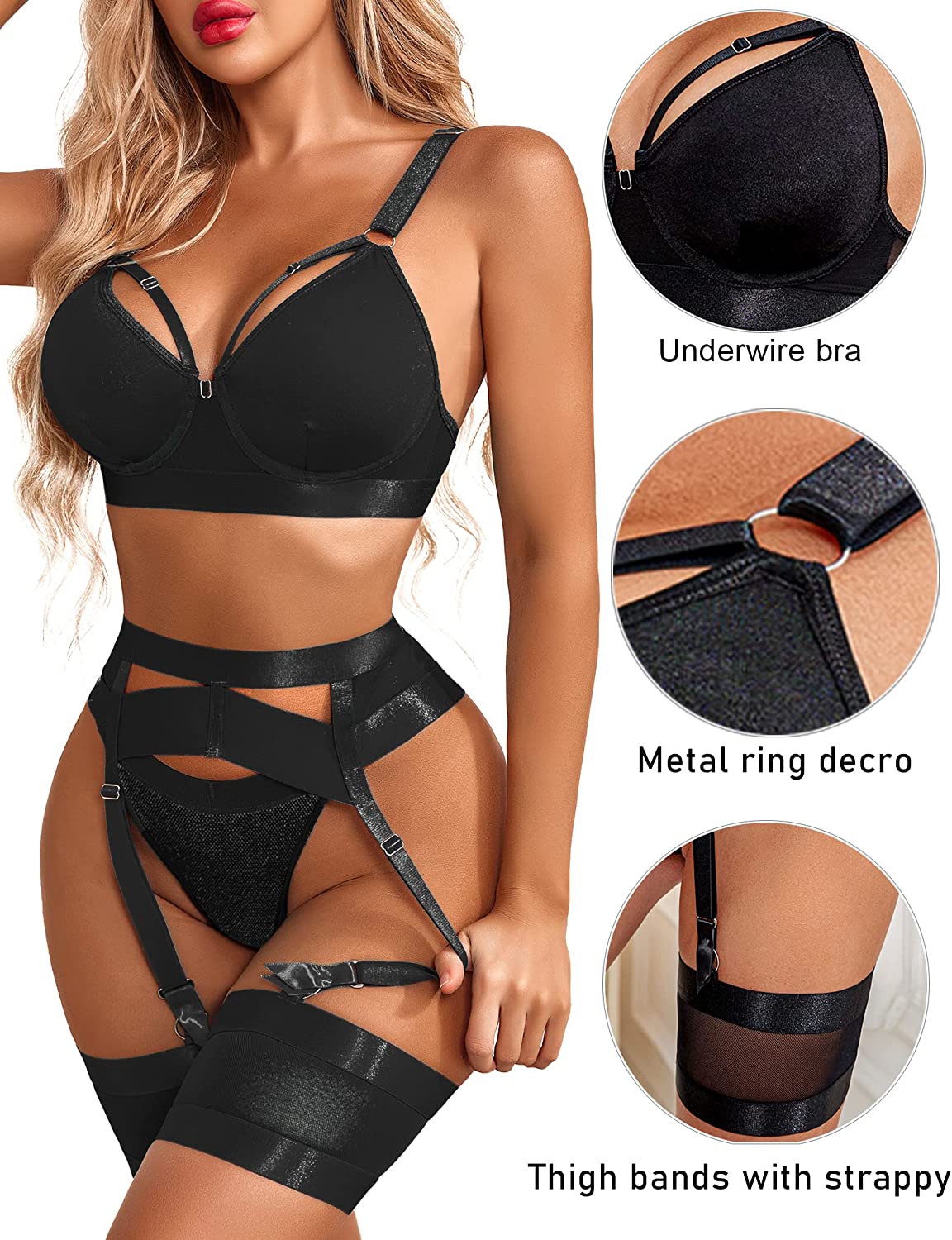 Avidlove Lingerie Set for with Underwire Strappy Lingerie Push Up 5 Piece Lingerie Set with Garter