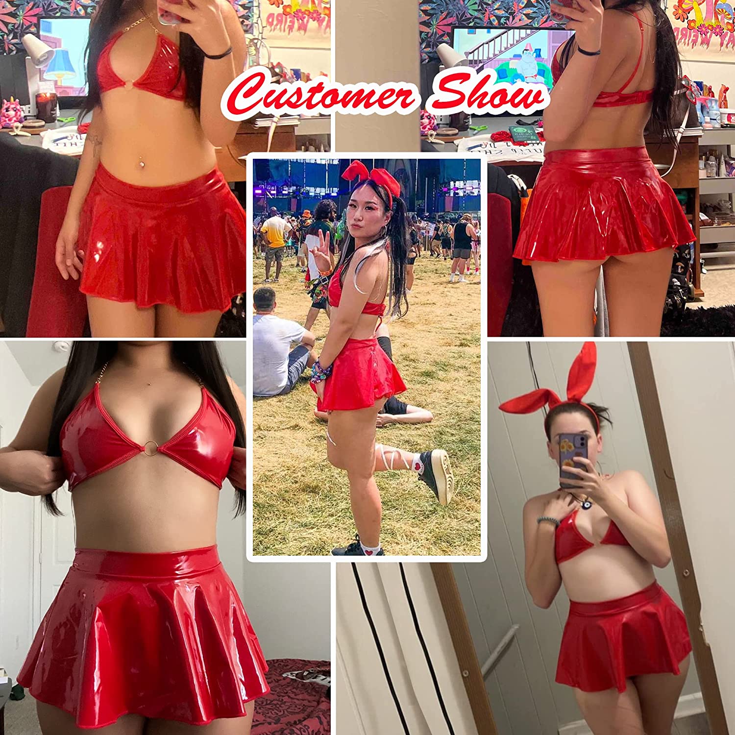 Avidlove Bunny Lingerie Cosplay Costume Leather 4pack Ring Chain Linked Cut-out Halloween Outfit Set