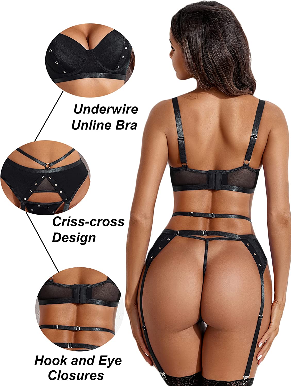 Avidlove Garter Lingerie for 3pack Leopard Print Underwire Garter Belt Lingerie Set