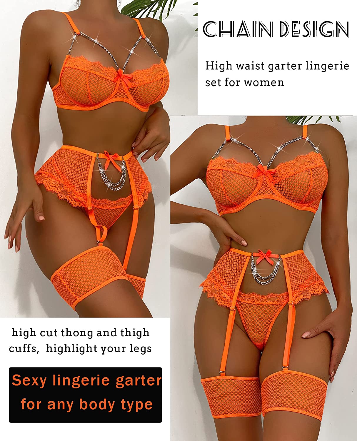 Avidlove Garter Set Lingerie for Fishnet Underwire Lace 4 Piece Sets Chain Bra S-XXL
