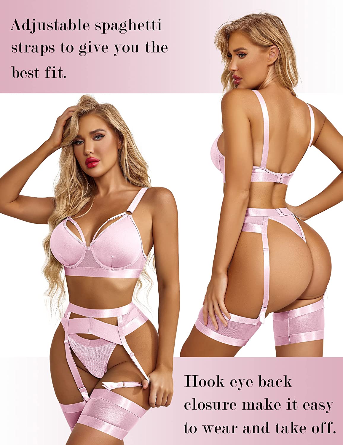 Avidlove Lingerie Set for with Underwire Strappy Lingerie Push Up 5 Piece Lingerie Set with Garter