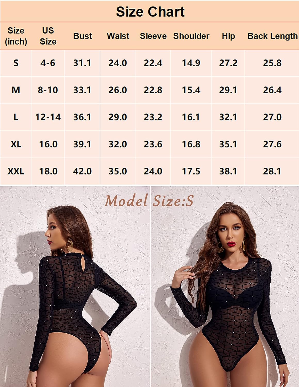 Avidlove Mesh Bodysuit Black Long Sleeve Bodysuit Round Neck Sheer Leotards Bodysuit Tops Snap Crotch