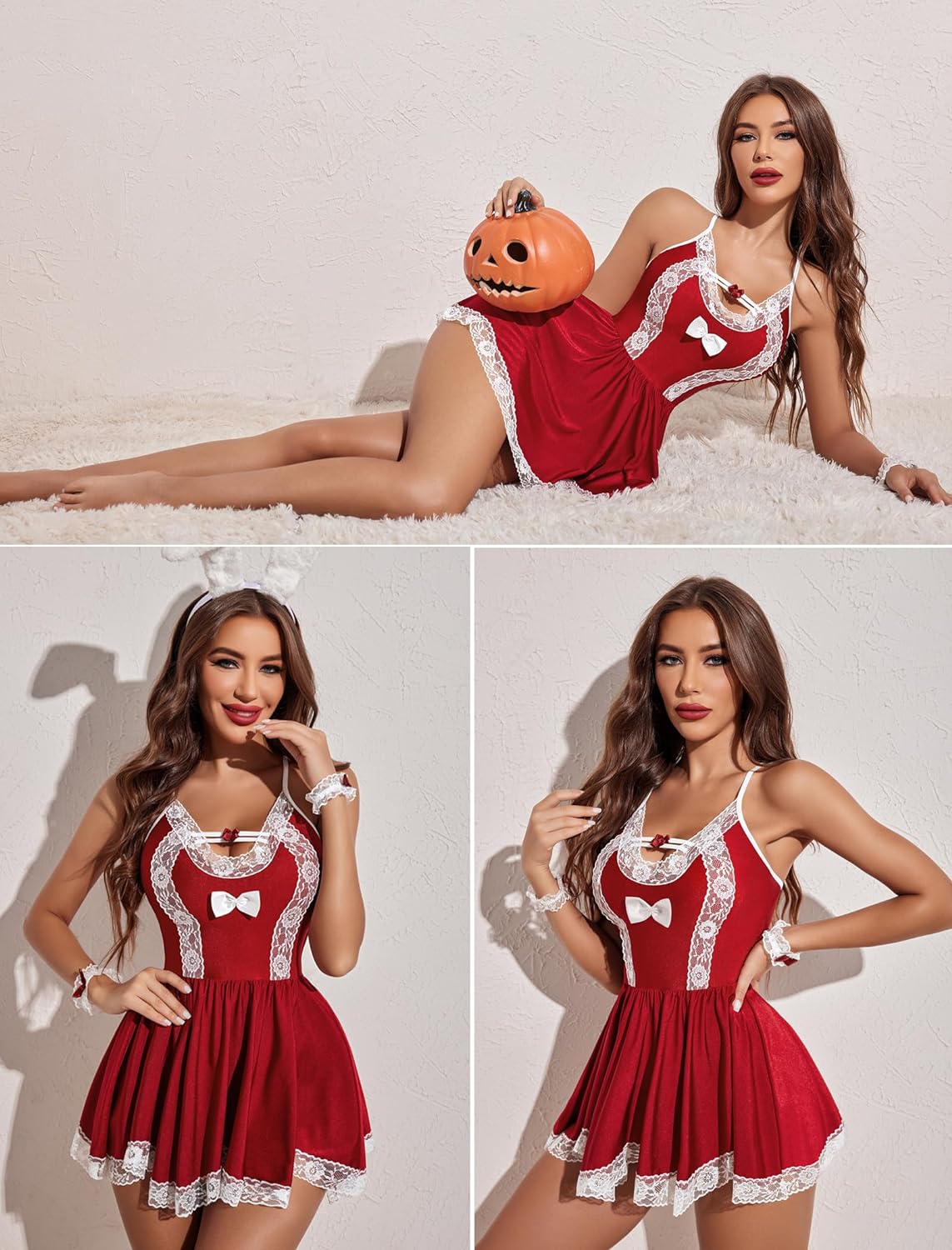 Avidlove Maid Costume Cosplay Lingerie Set Mesh Chemise Babydoll Lace Roleplay Outfit 4 Piece Strap Nightwear