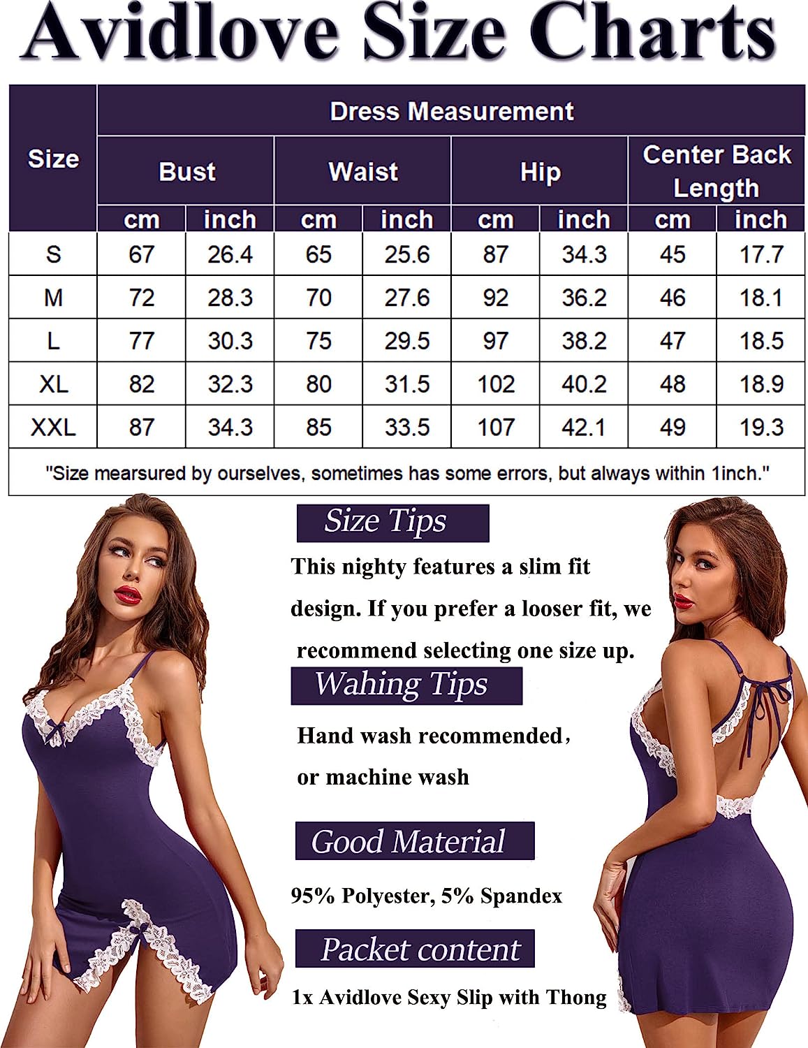 Avidlove Lingerie Lace Babydoll V Neck Sleepwear Cotton Nightgowns for Chemise