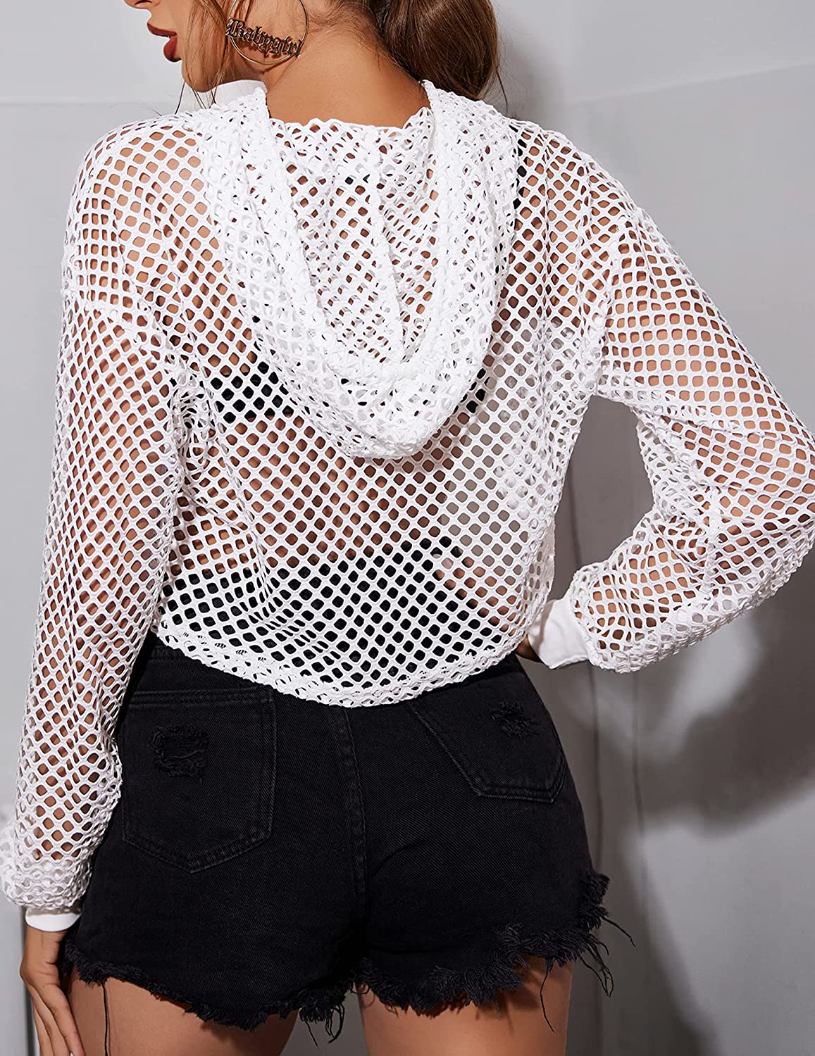 Avidlove Mesh Hoodie Crop Top Fishnet Shirt Long Sleeve Crop Top Hoodie
