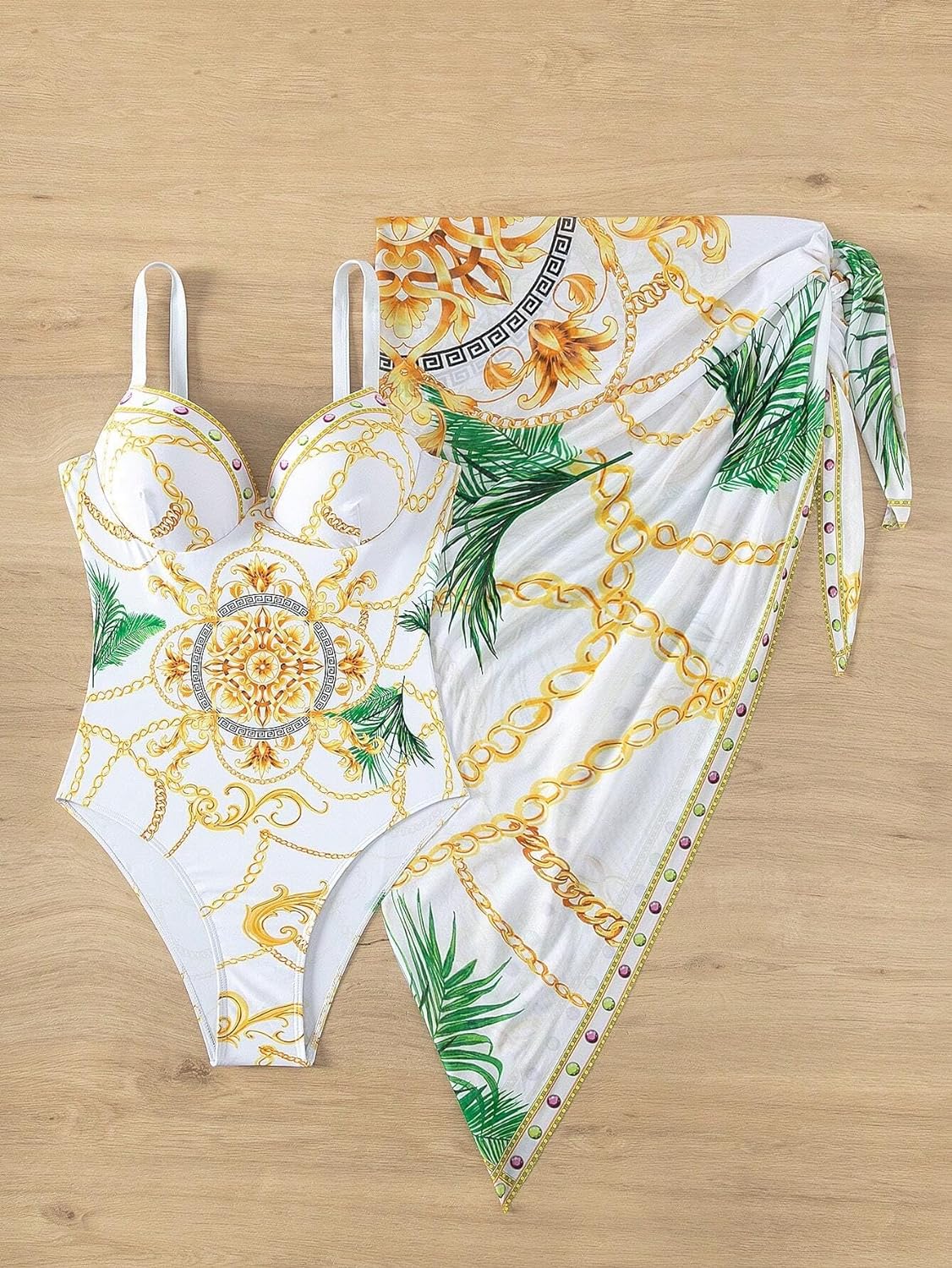 One Piece Swimsuit Women with Beach Cover Up Wrap Skirt Set