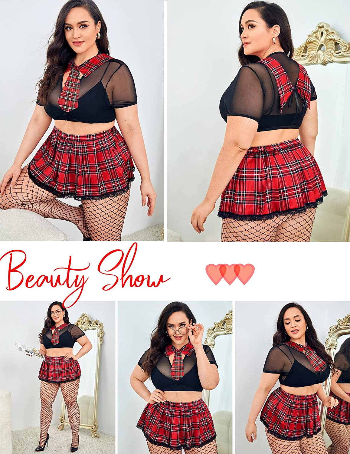 Avidlove Schoolgirl Lingerie for 3 Piece Mesh Crop Top & Plead Skirt Roleplay Costumes with Tie