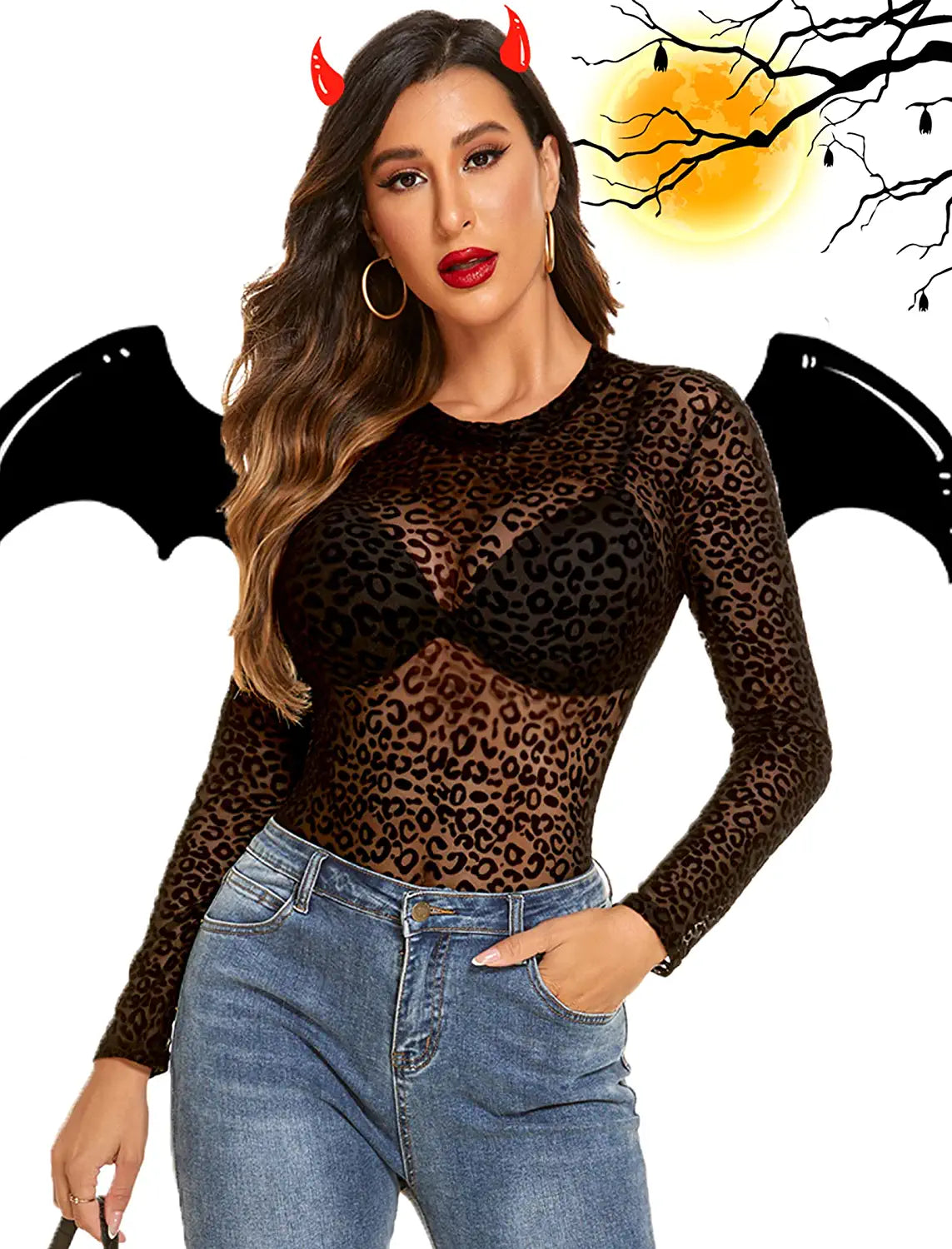 Avidlove Long Sleeve Mesh Bodysuit Round Neck Sheer Leotards Geo Print Bodysuit Top with Snap Crotch