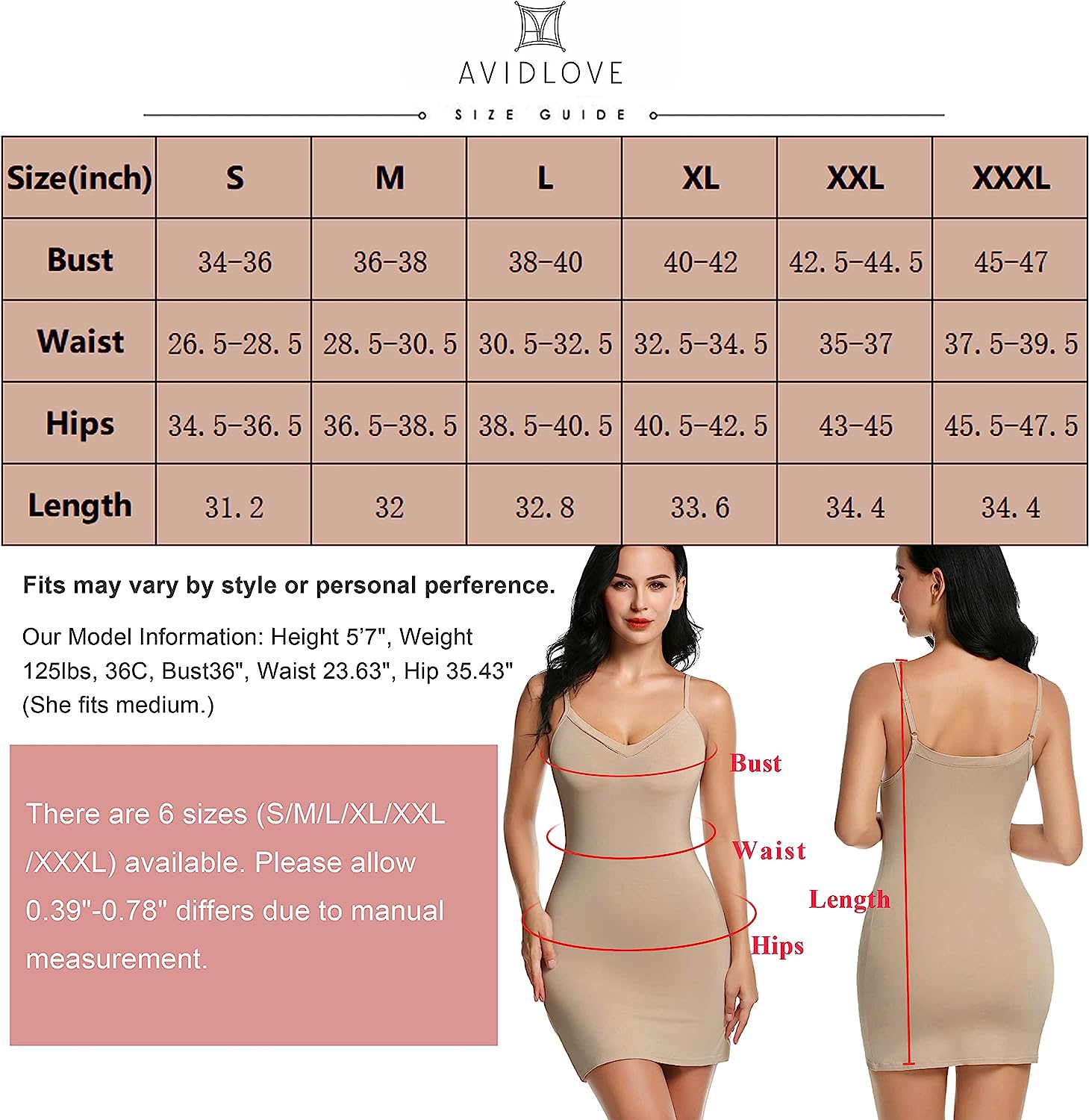 Avidlove Full Slip Under Dress Adjustable Spaghetti Strap Cami Slips Undergarment Nightwear