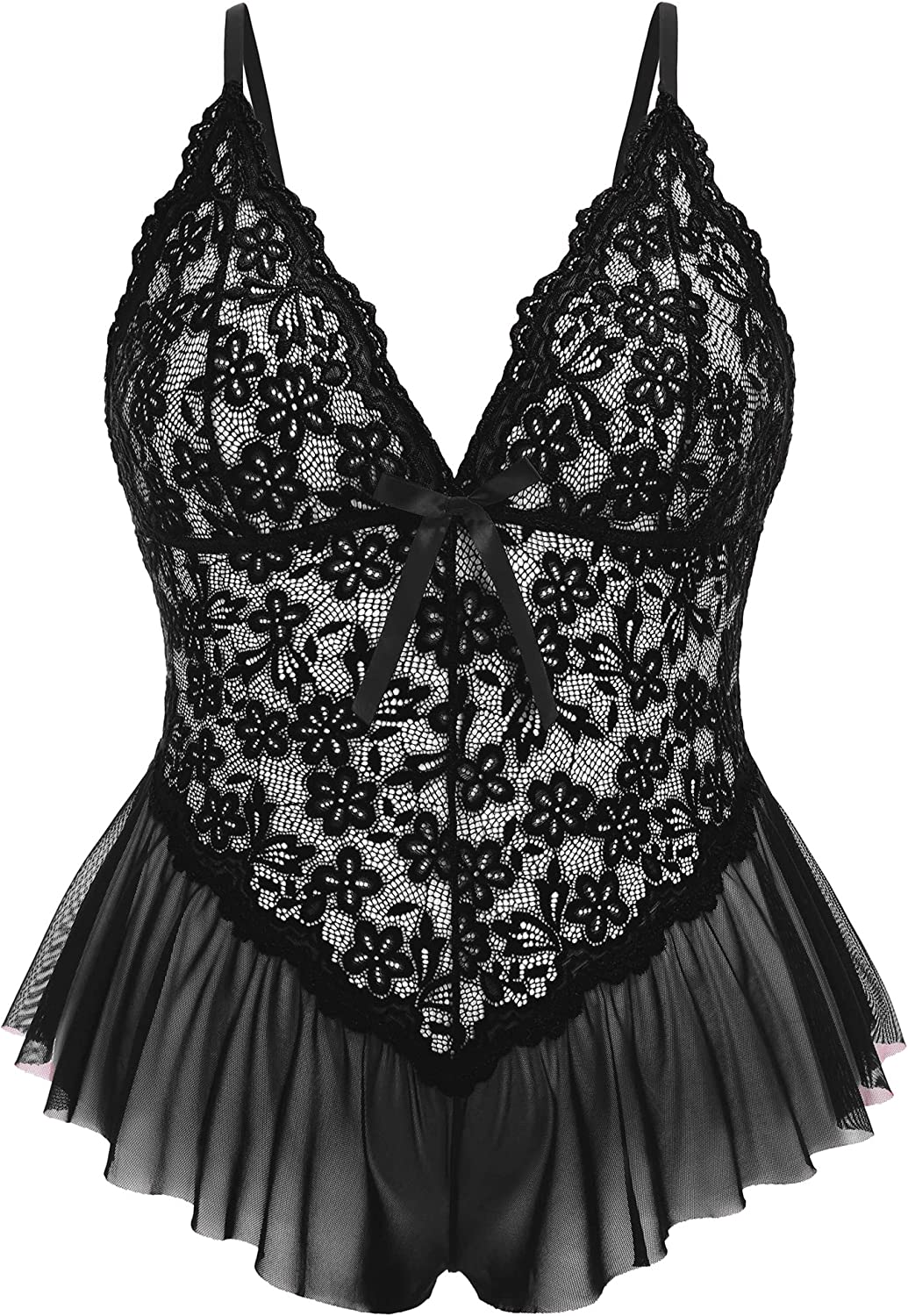 Avidlove Plus Size Lingerie for Lace Bodysuit One Piece Teddy Babydoll Mesh Chemise V Neck Sleepwear L-4XL