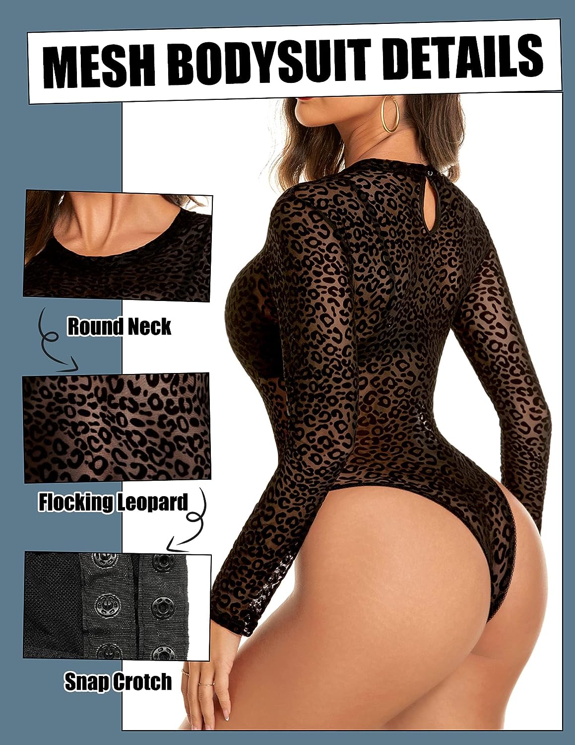 Avidlove Mesh Bodysuit Black Long Sleeve Bodysuit Round Neck Sheer Leotards Bodysuit Tops Snap Crotch