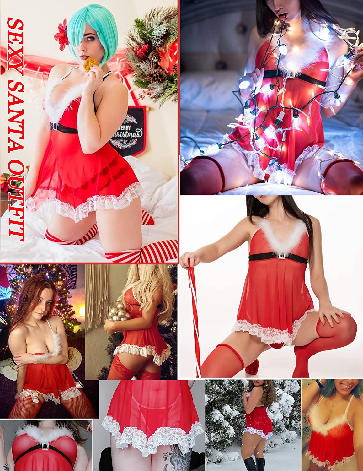 Avidlove Christmas Lingerie Red Santa Babydolls Chemises Set