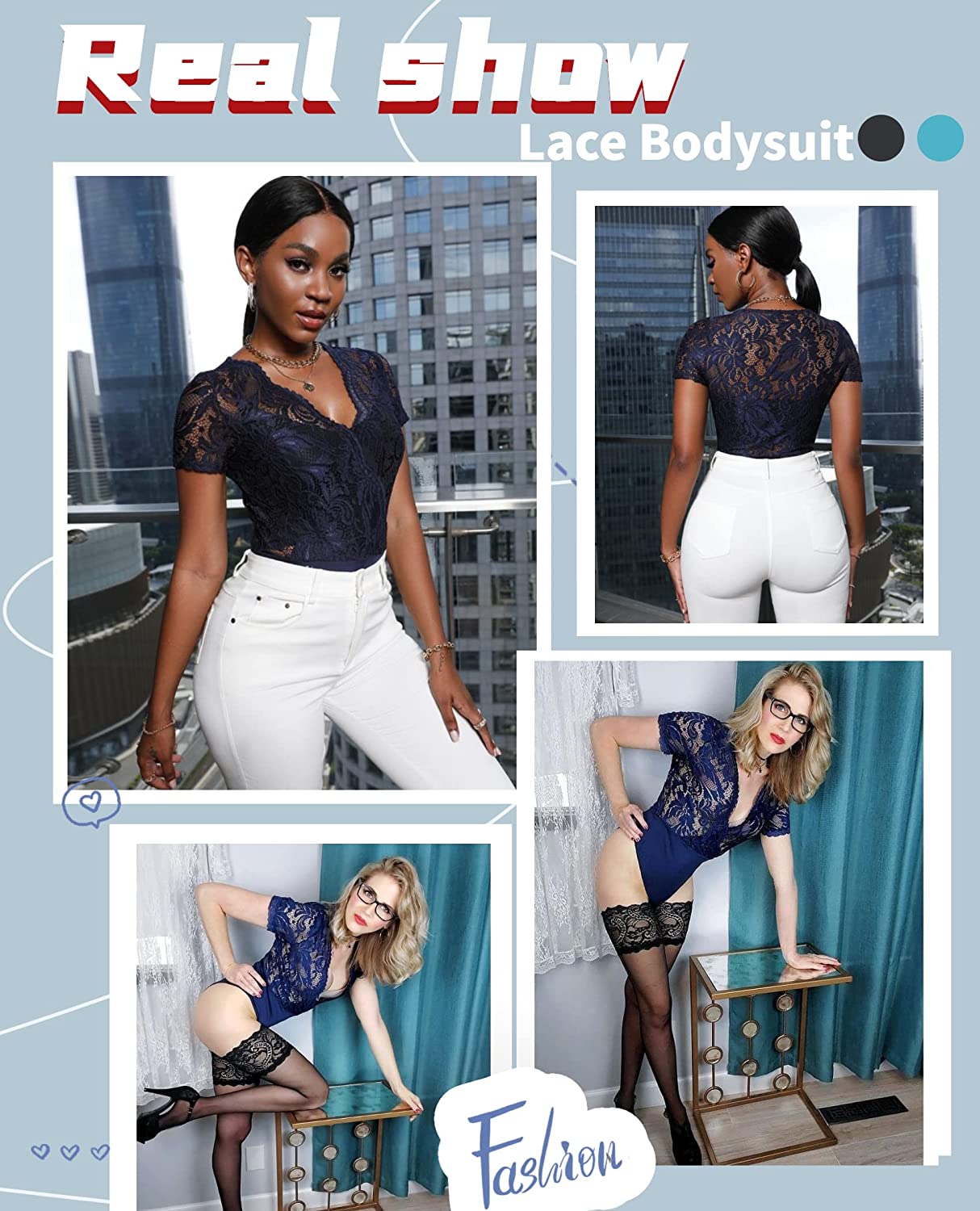 Avidlove Lace Short Sleeve Bodysuit Deep V Snap Crotch Clubwear Tops S-XXL