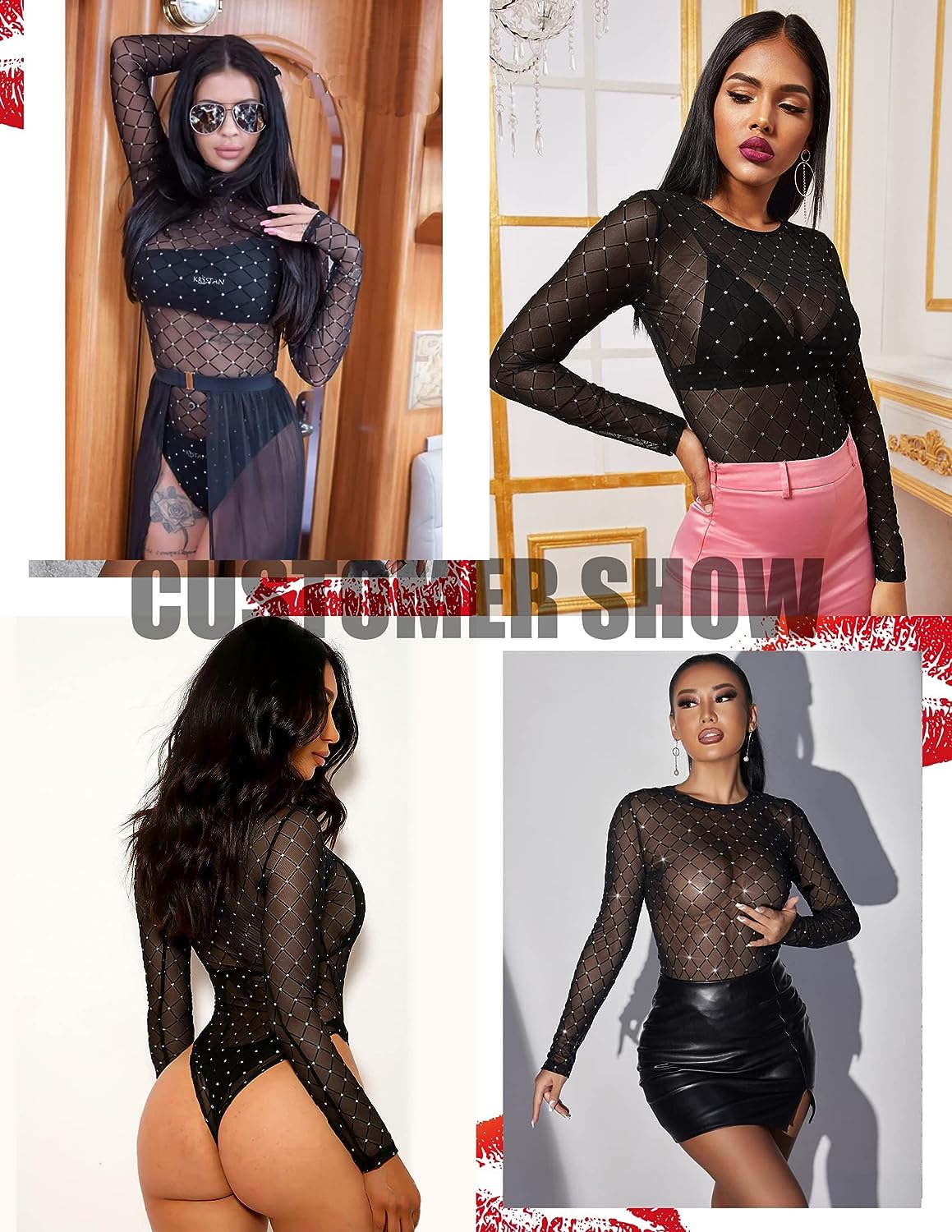 Avidlove Mesh Bodysuit Black Long Sleeve Bodysuit Round Neck Sheer Leotards Bodysuit Tops Snap Crotch