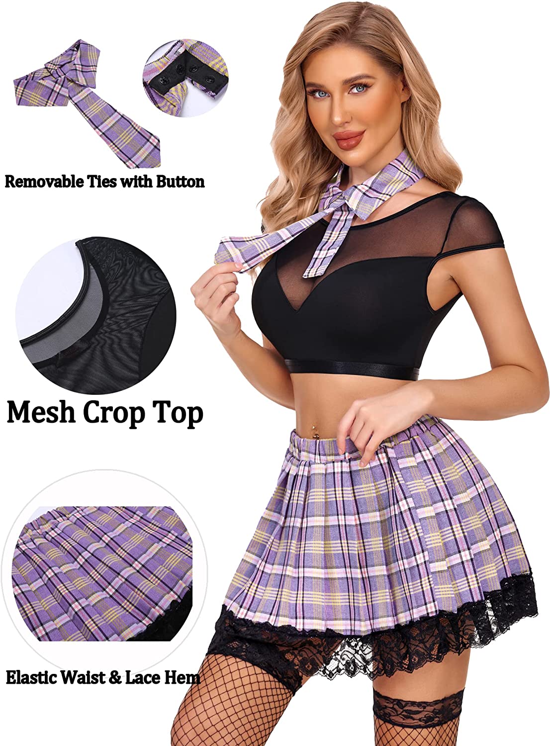 Avidlove Schoolgirl Lingerie for 3 Piece Mesh Crop Top & Plead Skirt Roleplay Costumes with Tie