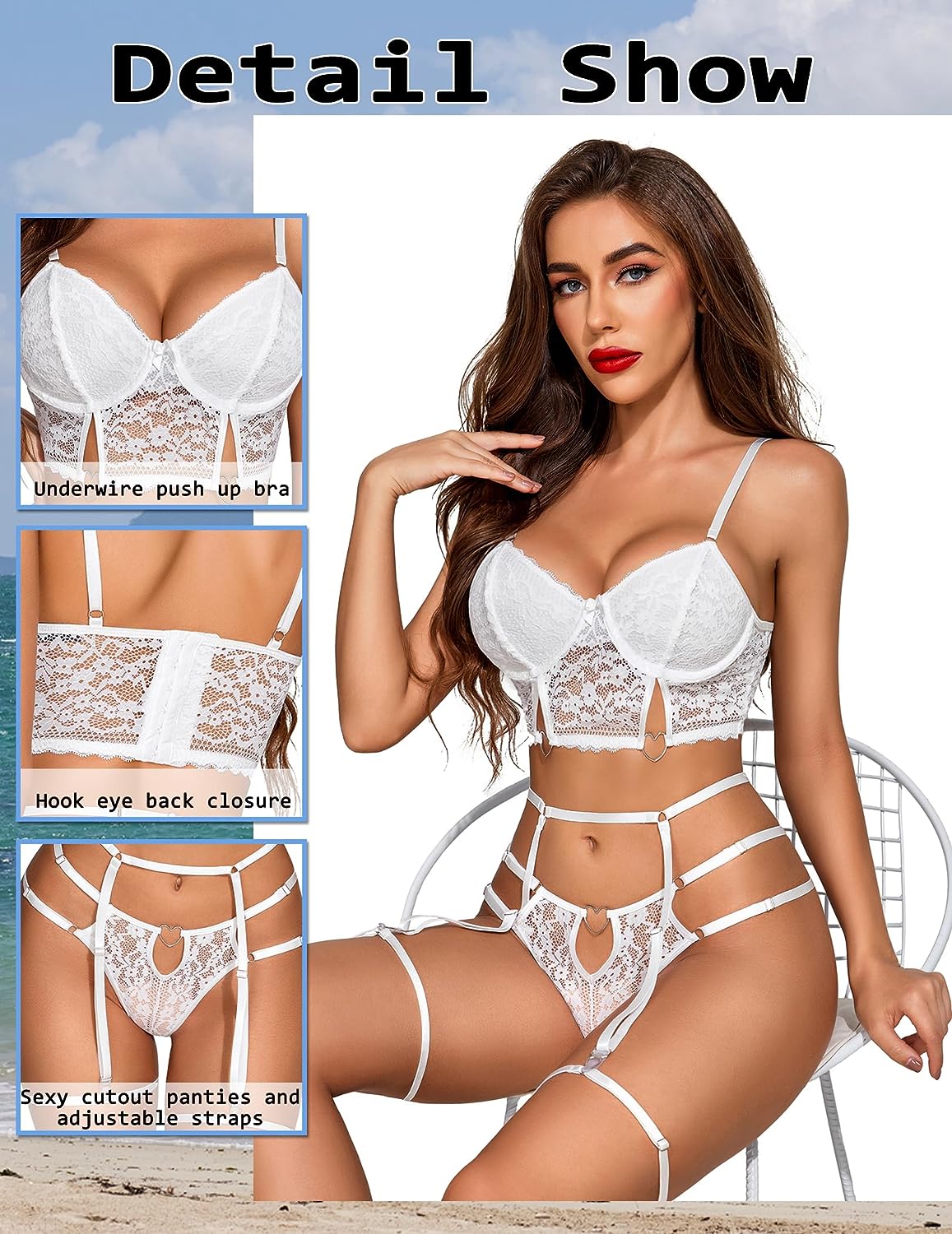 Avidlove Garter Lingerie for Women, Lace Lingerie with Underwire, Matching 4 Piece Push Up Lingerie Set