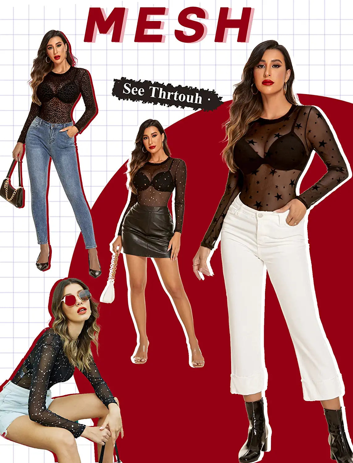 Avidlove Long Sleeve Mesh Bodysuit Round Neck Sheer Leotards Geo Print Bodysuit Top with Snap Crotch