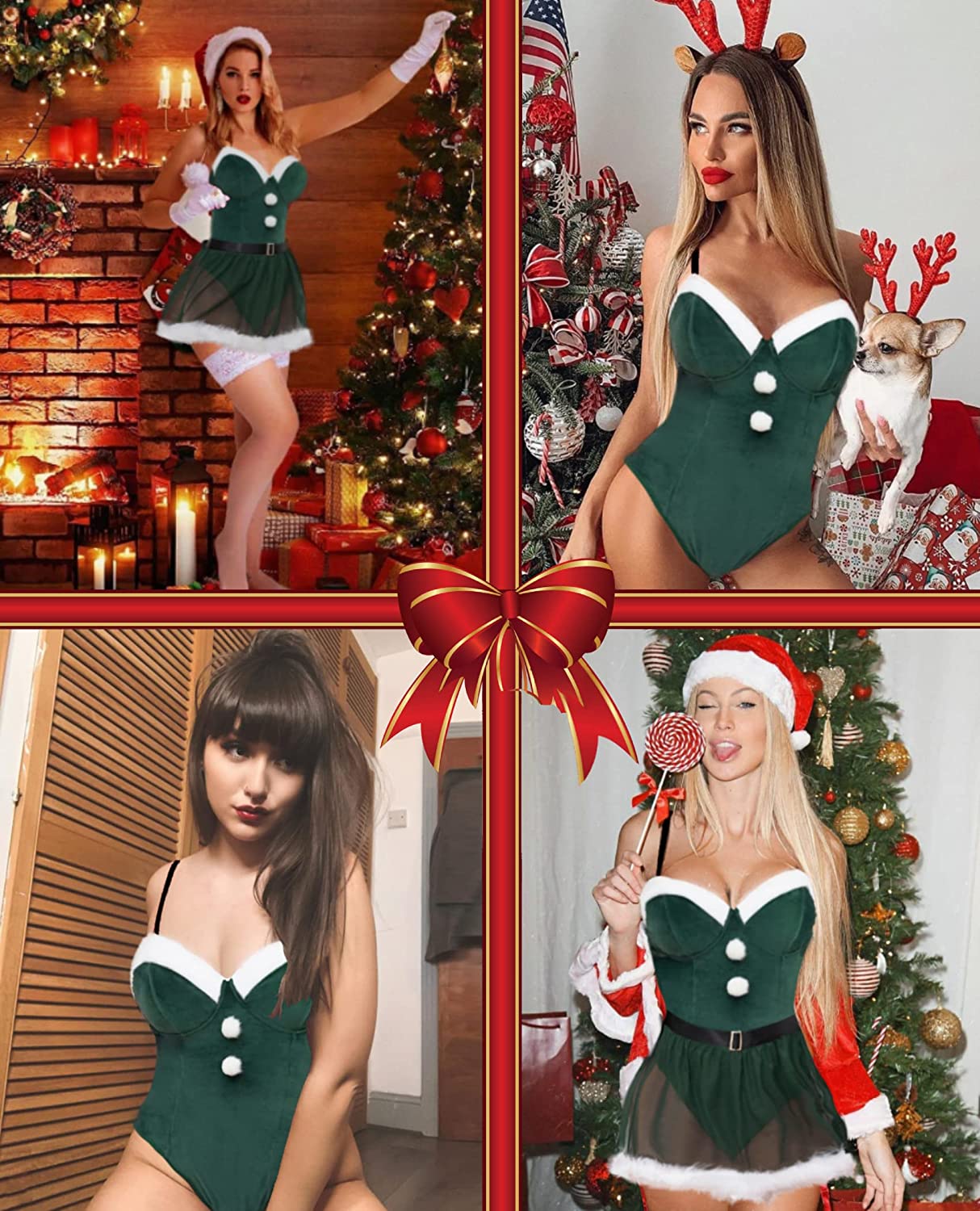 Avidlove Christmas Lingerie Santa Babydoll Lingerie V Neck Velvet Lingerie with Belt