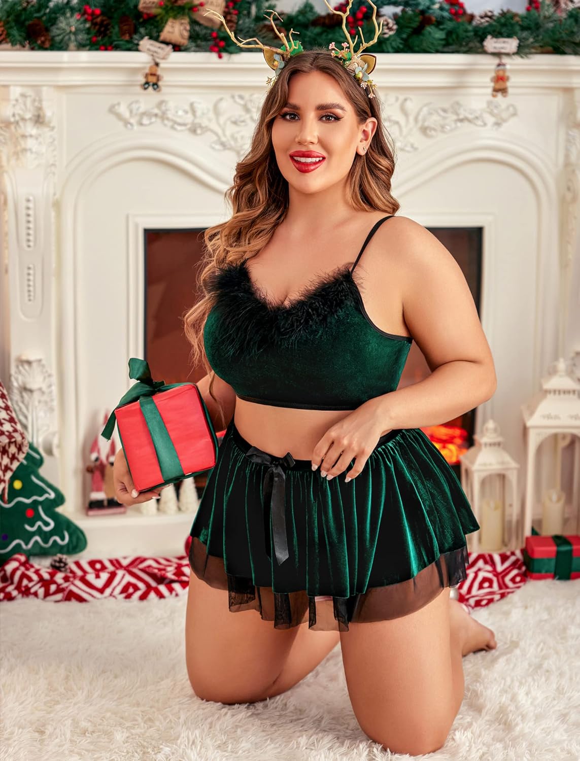 Avidlove Plus Size Christmas Babydoll Velvet Santa Cosplay Costume Set