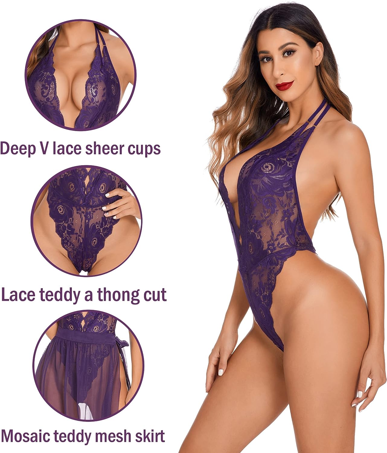 Avidlove Lingerie Nightgowns Deep V Lace Bodysuit Mosaic Lace Teddy Mesh Skirt