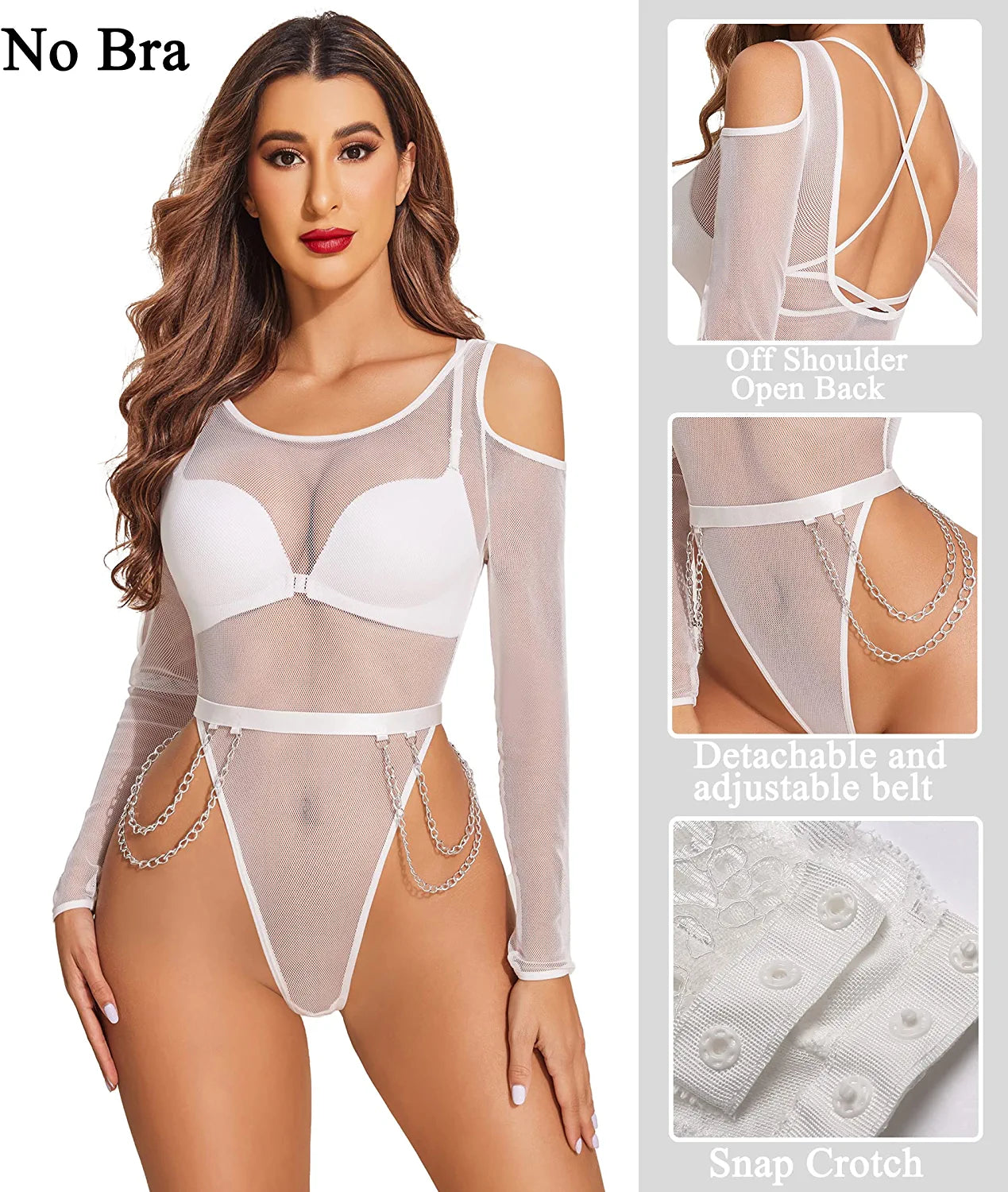 Avidlove Bodysuit for Mesh Tops Cold Shoulder Long Sleeve Shirts Waist Chains Snap Crotch Teddy Lingerie