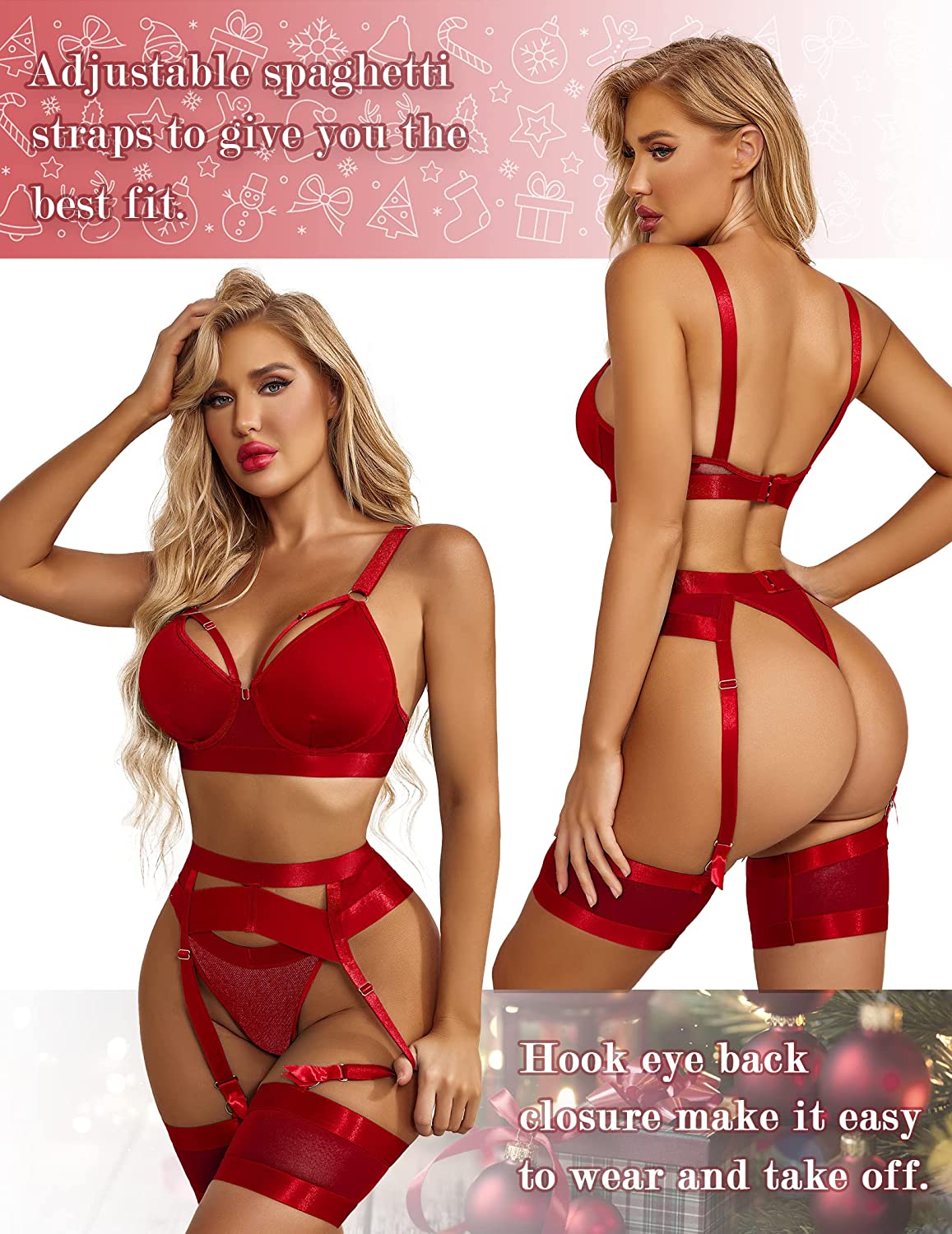 Avidlove Lingerie Set for with Underwire Strappy Lingerie Push Up 5 Piece Lingerie Set with Garter