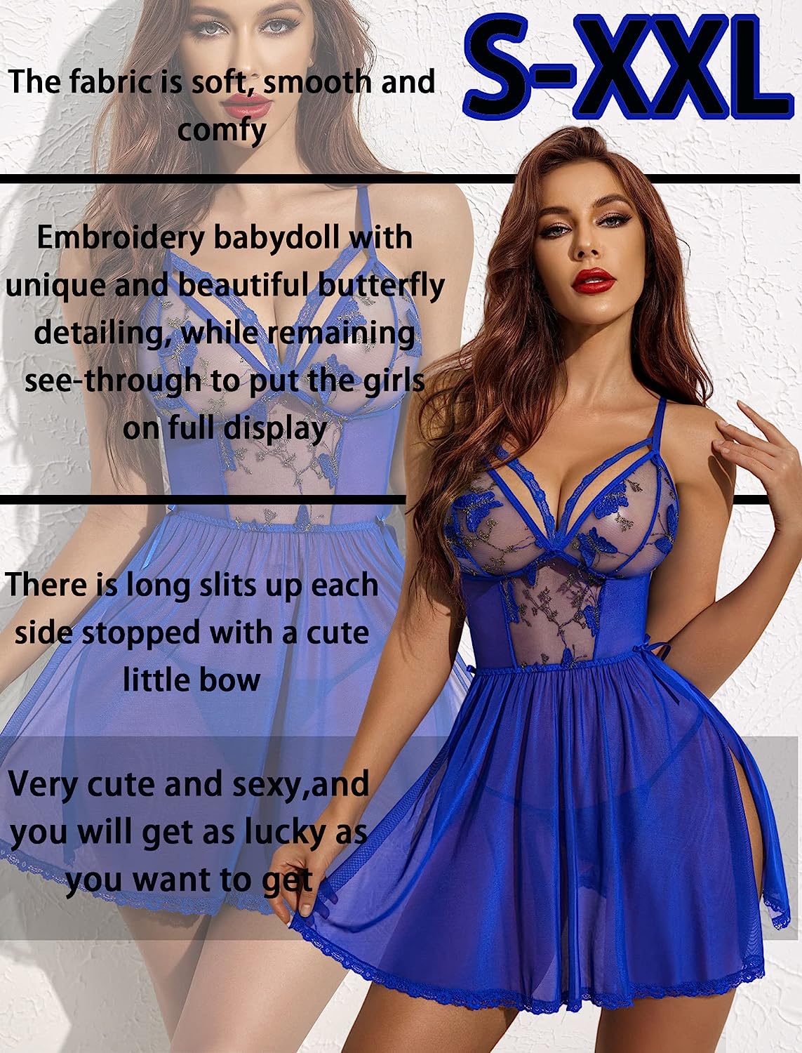 Avidlove Lingerie Lace Chemise Floral Embroidery Mesh Babydoll Side Slit Sleepwear
