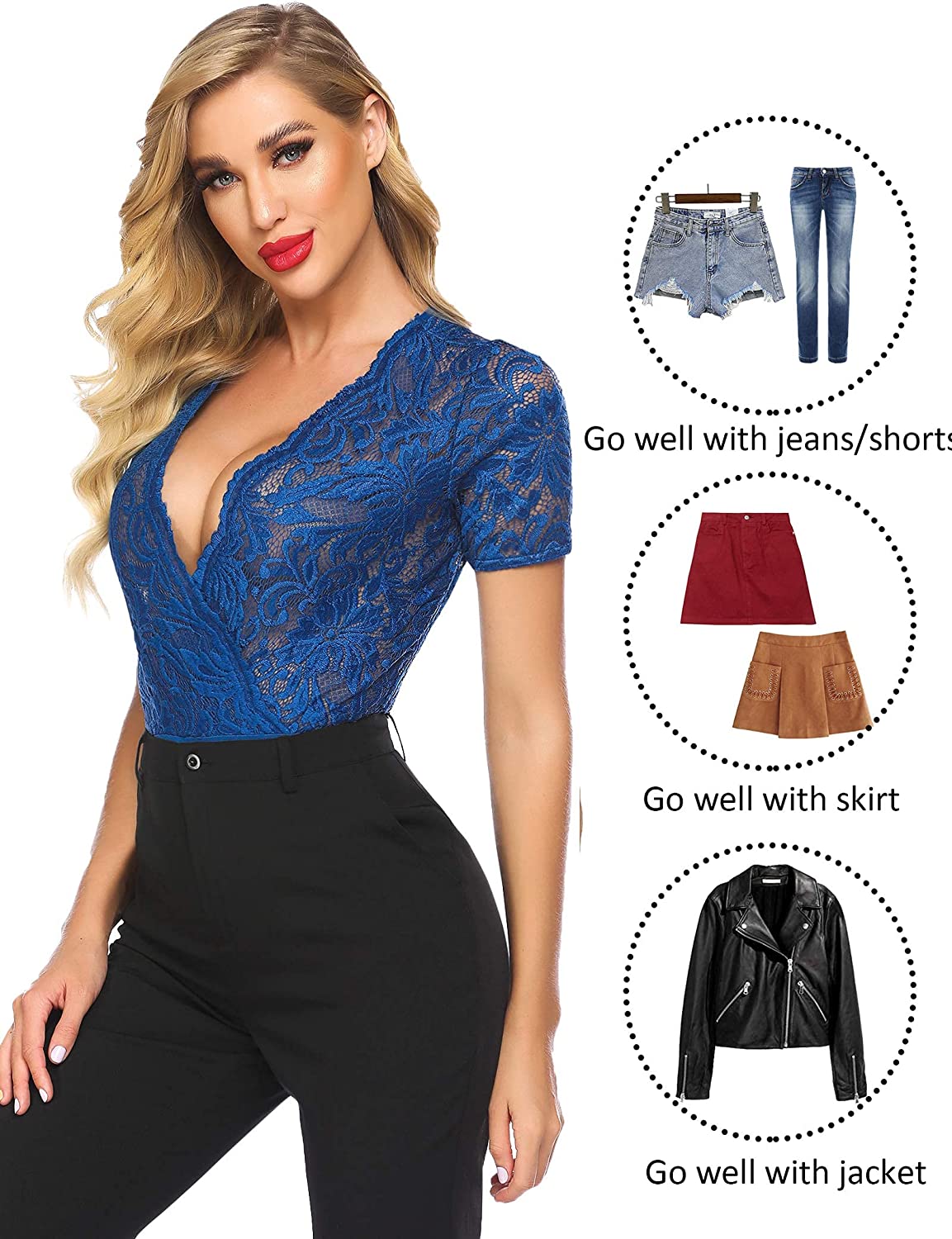 Avidlove Lace Short Sleeve Bodysuit Deep V Snap Crotch Clubwear Tops S-XXL