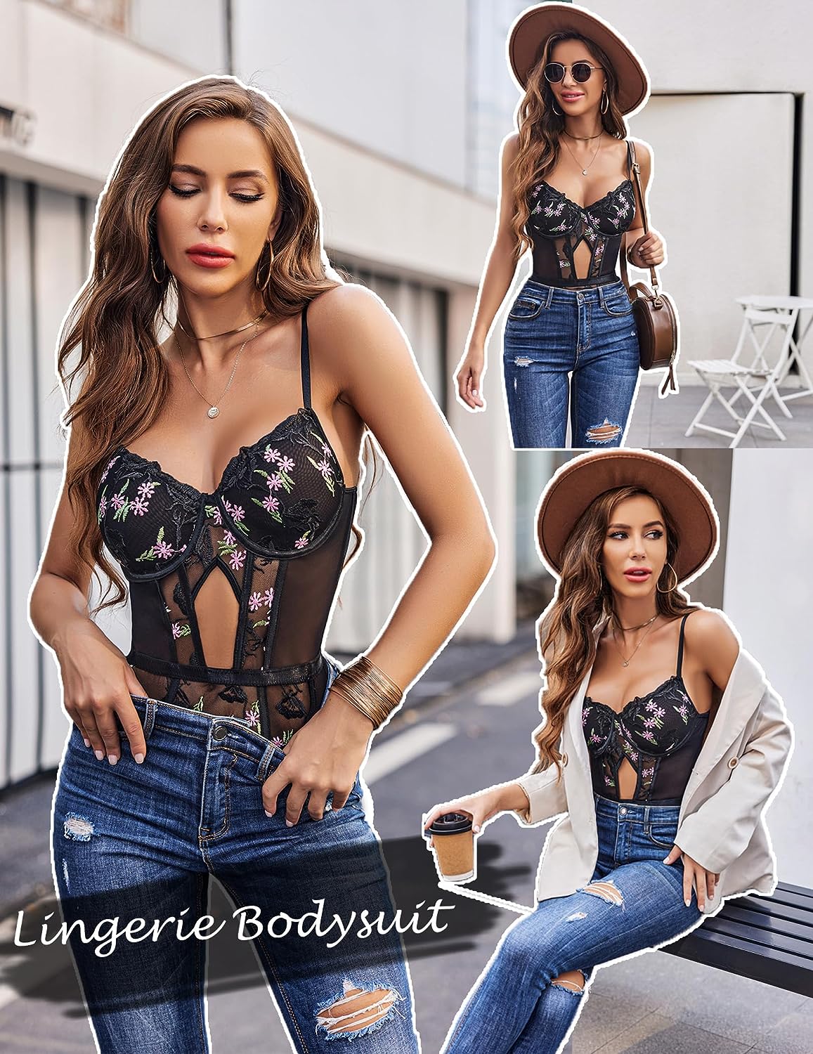 Avidlove Teddy Lingerie for Floral Embroidery Lace Up Bodysuit with Garter Belt Underwire Sleepwear