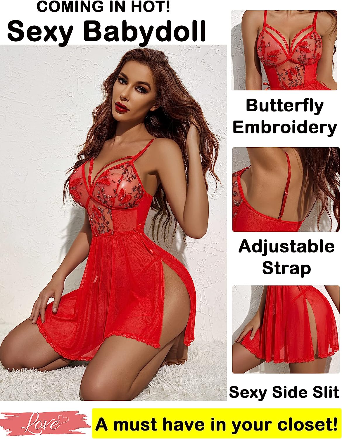 Avidlove Lingerie Lace Chemise Floral Embroidery Mesh Babydoll Side Slit Sleepwear